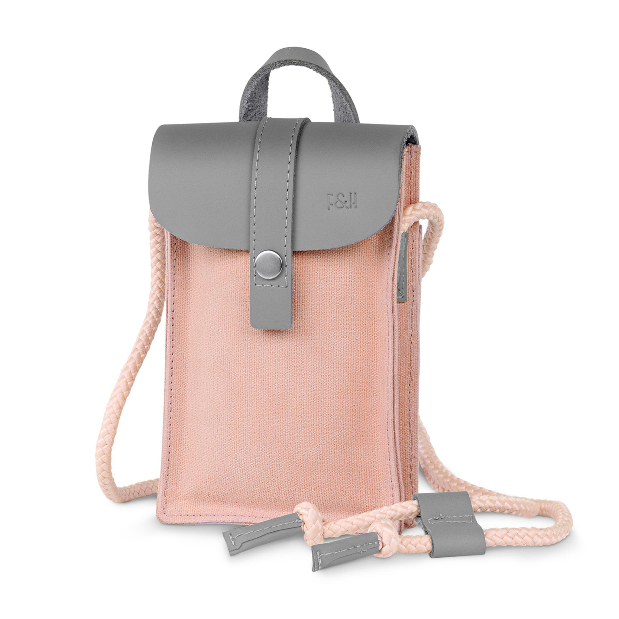 Kleine rosa Umhängetasche mit grauem Lederdeckel und Kordelriemen, ideal für Handy und Kleinigkeiten.