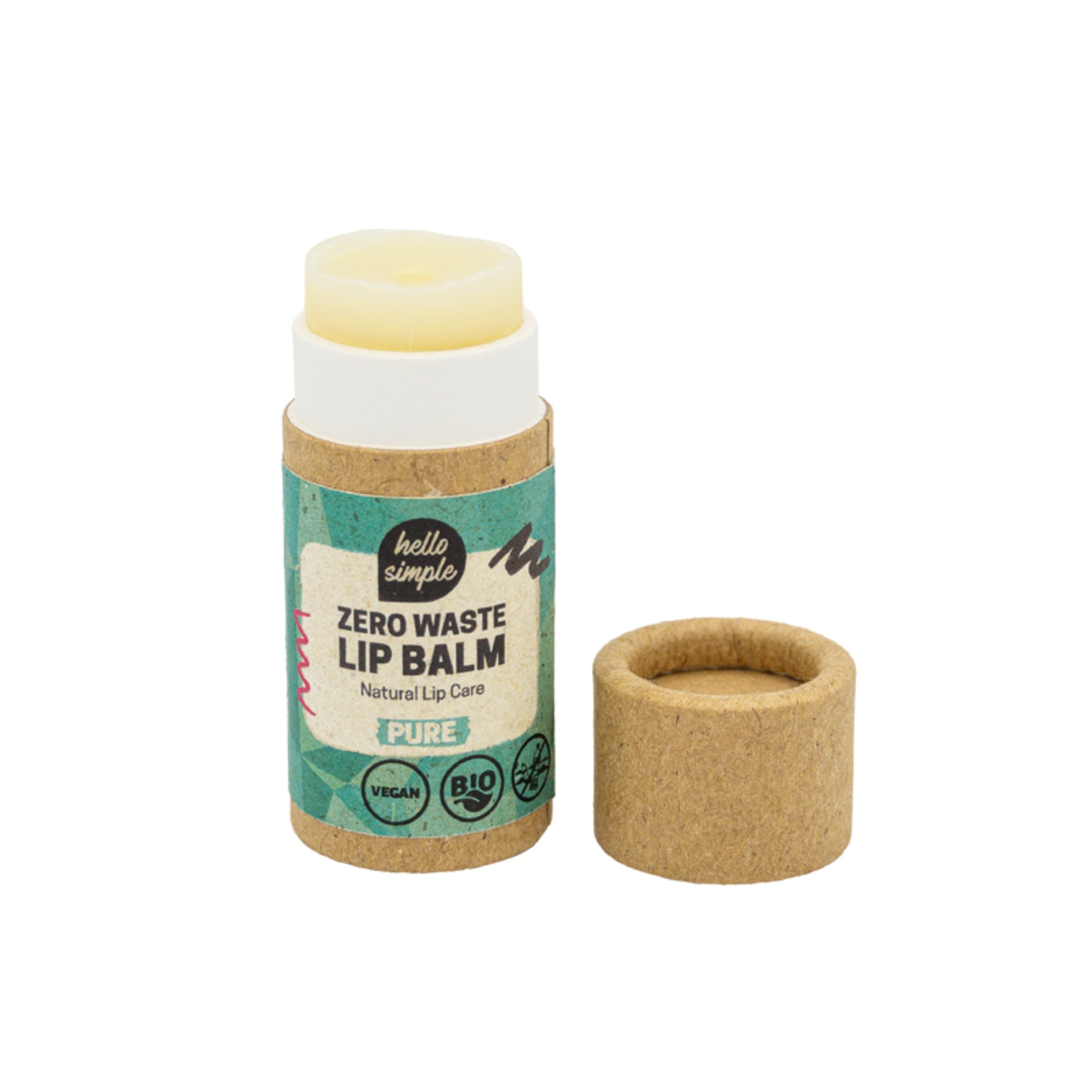Lippenbalsam in einer kompostierbaren Verpackung mit abgenommenem Deckel, bezeichnet als "Zero Waste Lip Balm".