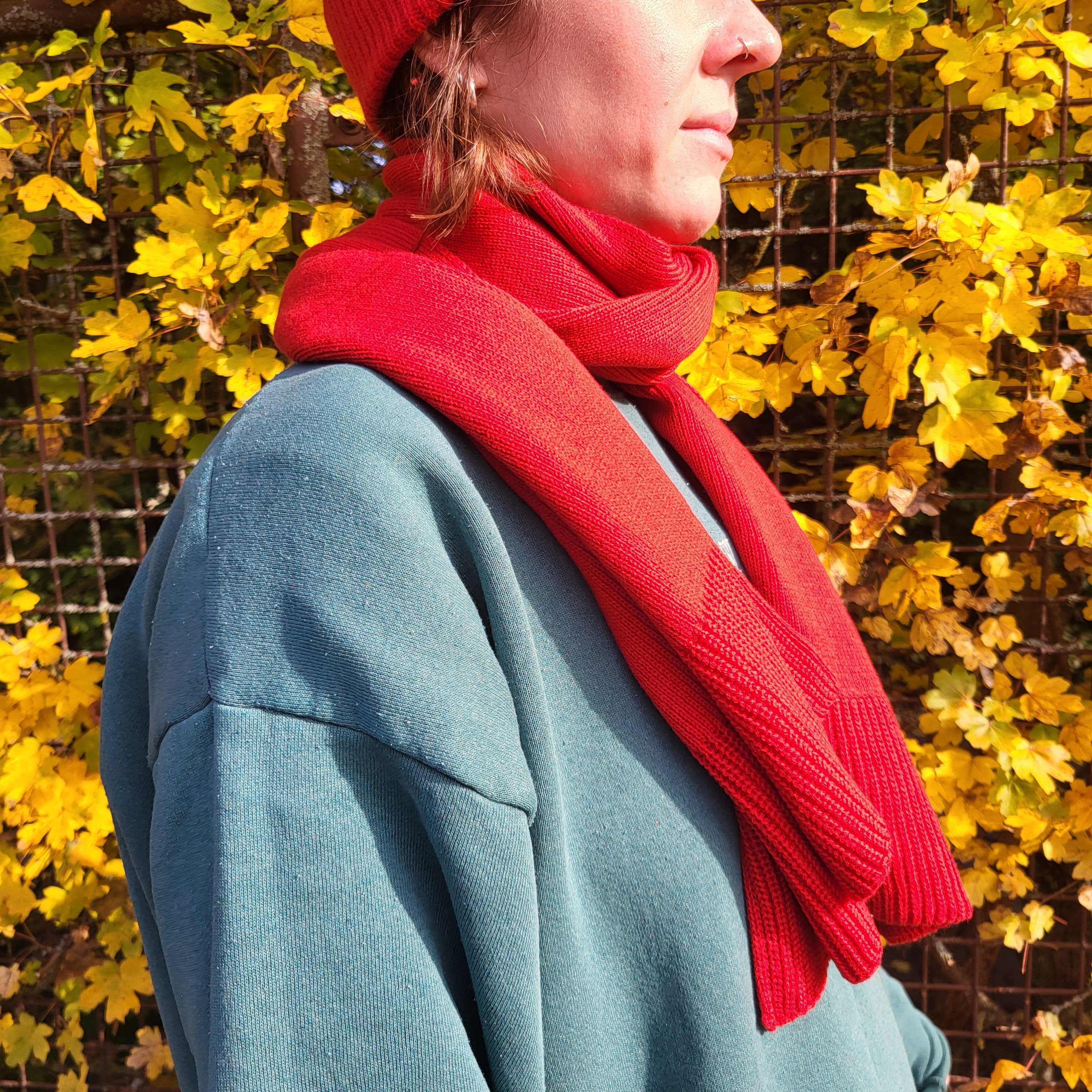 Eine Person mit blauem Pullover, rotem Schal und roter Mütze steht vor einem Zaun, der mit leuchtend gelben Herbstblättern bedeckt ist. Das Bild ist von der Seite aufgenommen und zeigt das Profil der Person.