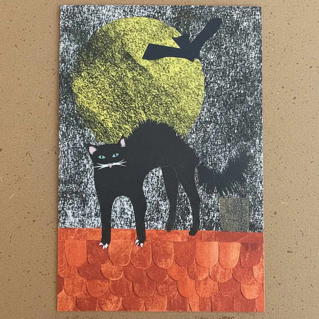Eine schwarze Katze mit gewölbtem Rücken steht nachts auf einem roten Ziegeldach. Am Himmel sind ein großer gelber Vollmond und ein fliegender schwarzer Vogel zu sehen. Eine Person zeigt mit dem Finger auf den unteren Rand des Bildes.