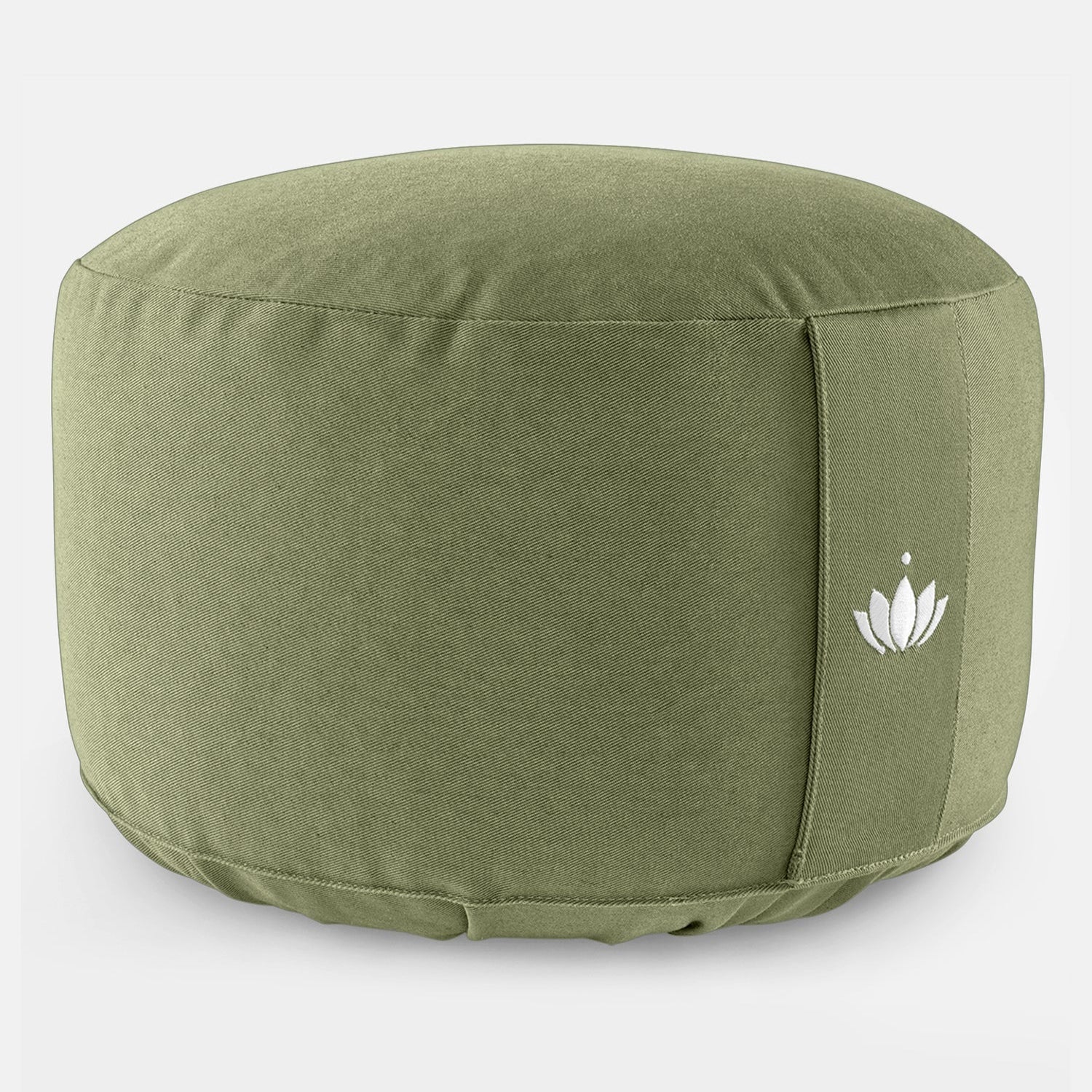 Grünes rundes Sitzkissen mit einem aufgestickten weißen Lotusblume-Emblem an der Seite, vor weißem Hintergrund.