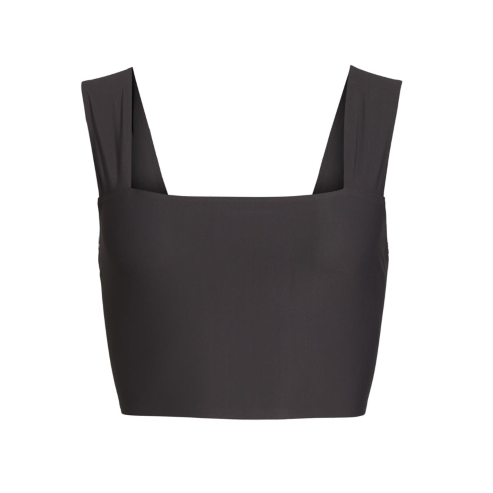 Schwarzes Cropped-Top mit breiten Trägern und quadratischem Ausschnitt auf weißem Hintergrund.