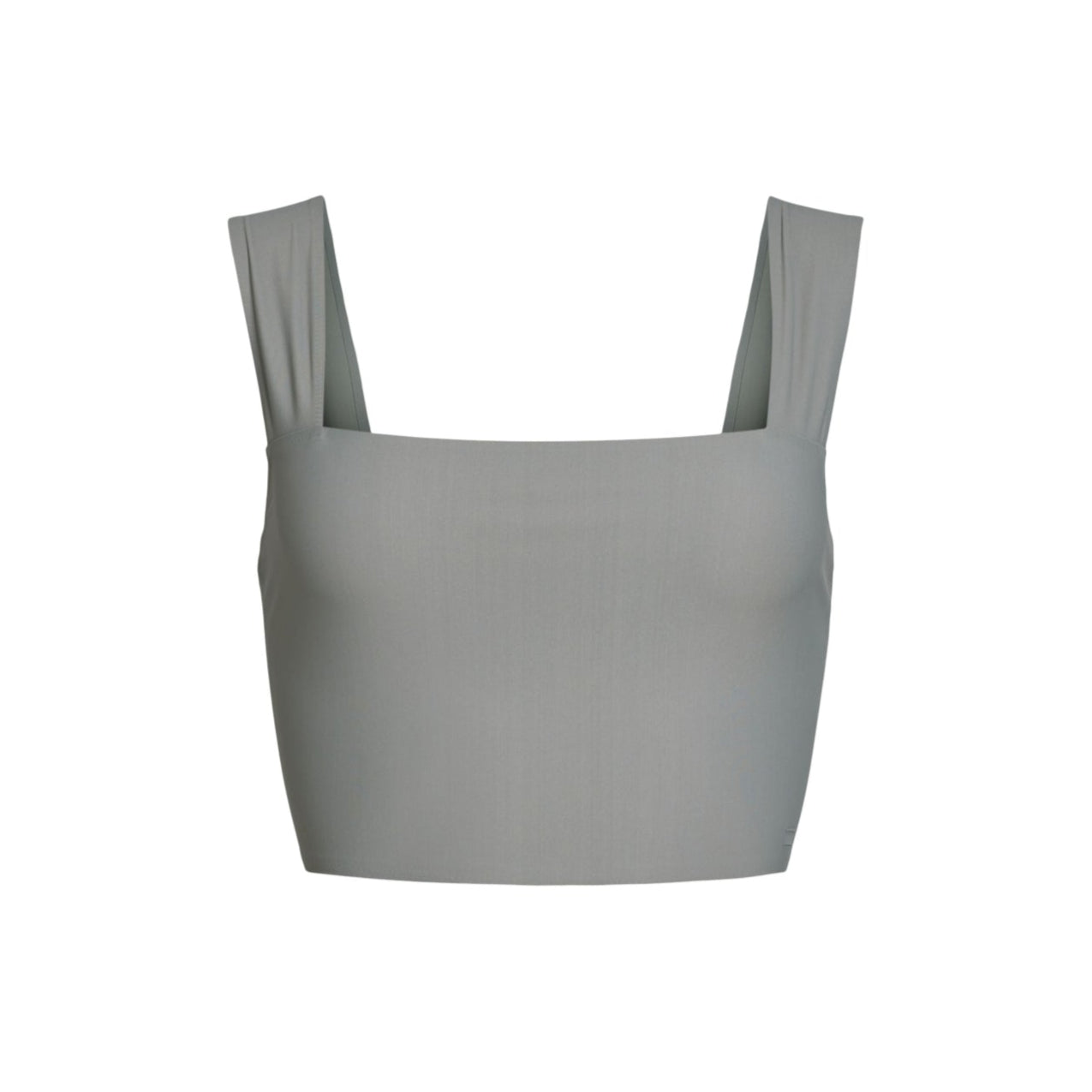Graues Crop-Top mit breiten Trägern und quadratischem Ausschnitt auf weißem Hintergrund.