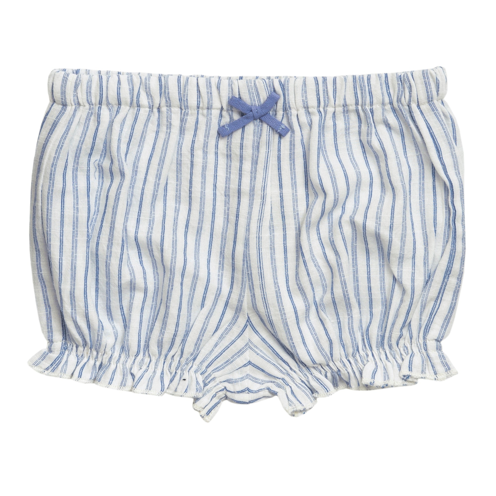 Hellblau-weiß gestreifte Baby-Bloomers mit elastischem Bund, einer kleinen blauen Schleife auf der Vorderseite und gerüschten Beinausschnitten.
