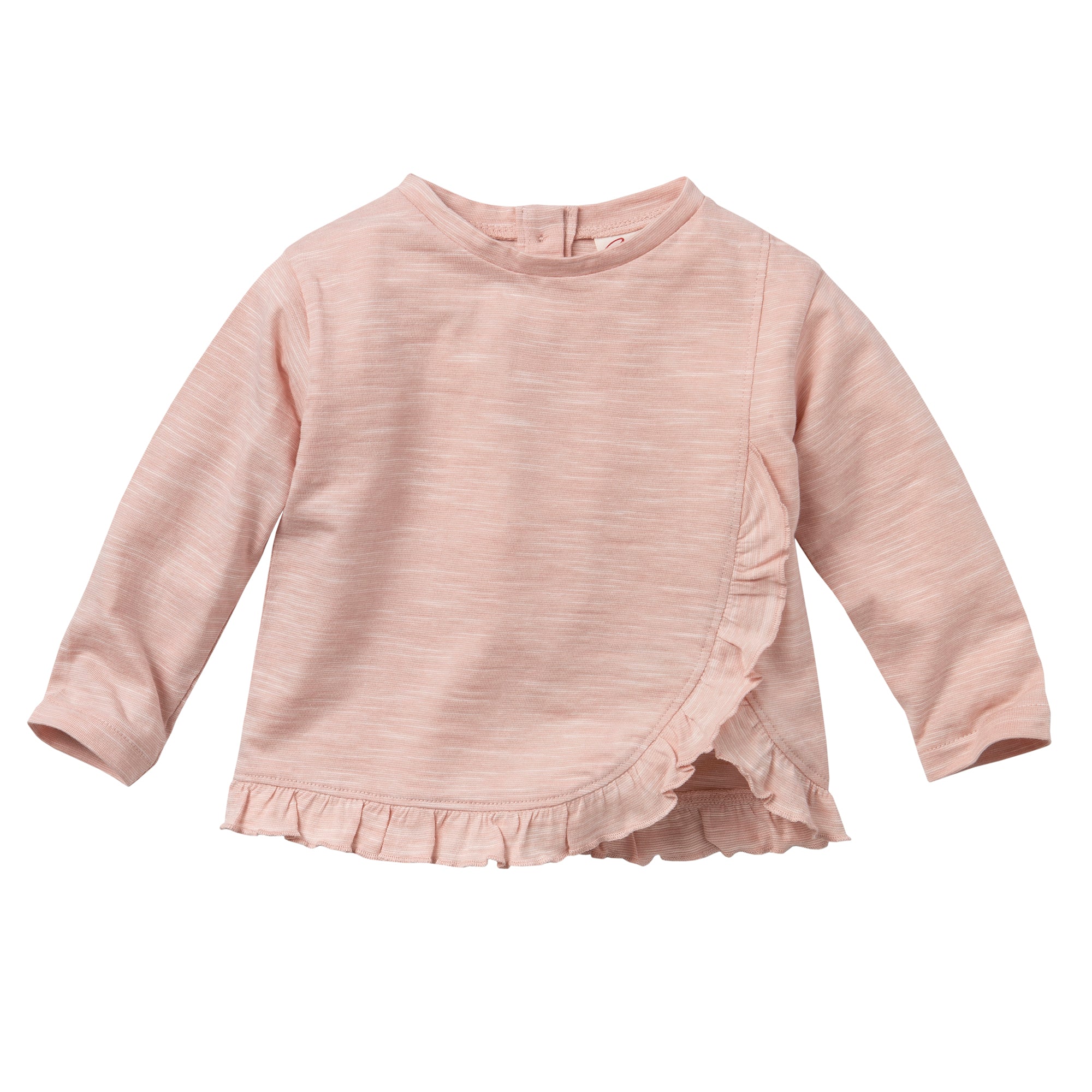 Hellrosafarbenes, langärmeliges Shirt für Kleinkinder mit Rundhalsausschnitt, dezentem Heidemuster und einem dekorativen, gerüschten, asymmetrischen Overlay am vorderen Saum.