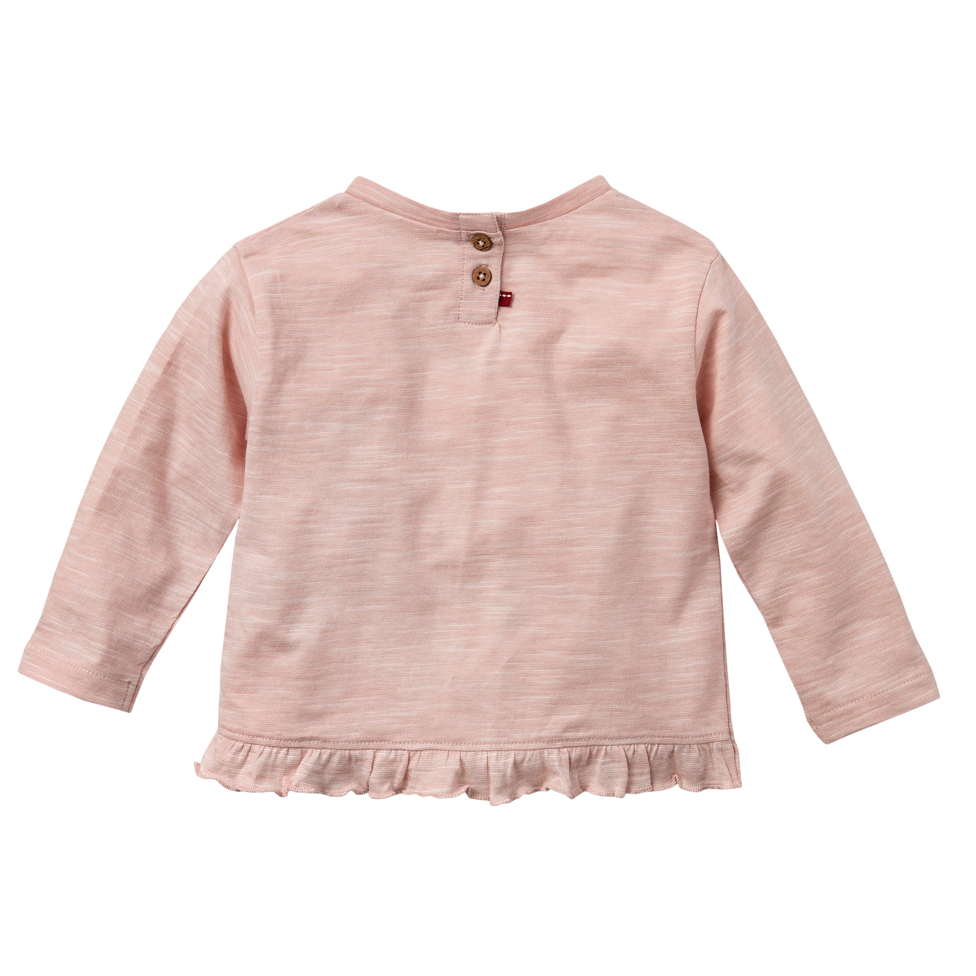 Hellrosa langärmeliges Shirt für Kleinkinder mit zwei Knöpfen am hinteren Halsausschnitt und einer kleinen Rüsche am unteren Saum. Der Stoff hat eine weiche, leicht gewärmte Textur.