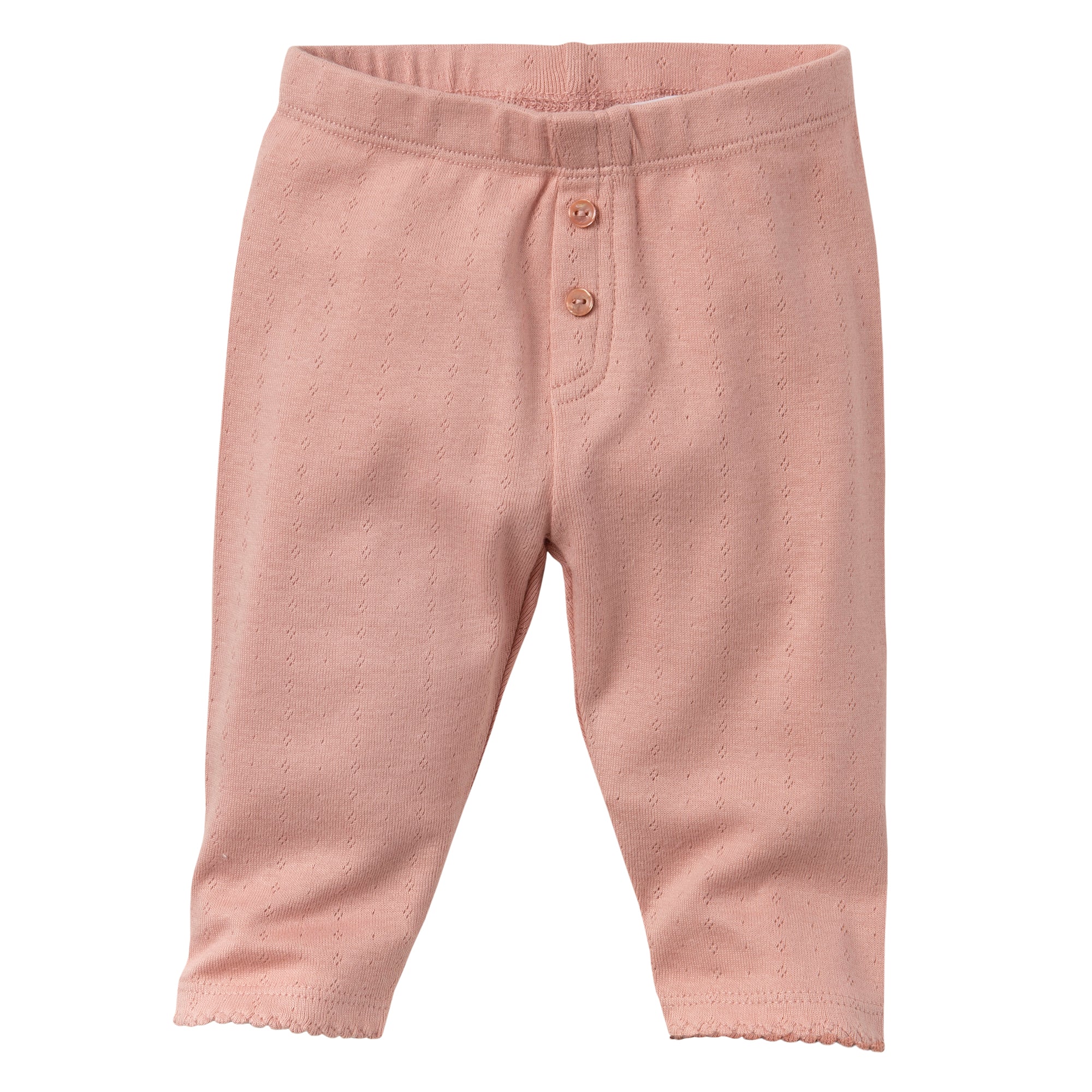 Hellrosa Babyhose mit dezenter Pünktchenstruktur, zwei kleinen Knöpfen am Bund und Wellenbündchen an den Beinabschlüssen. Die Hose ist auf einem einfarbig weißen Hintergrund abgebildet.