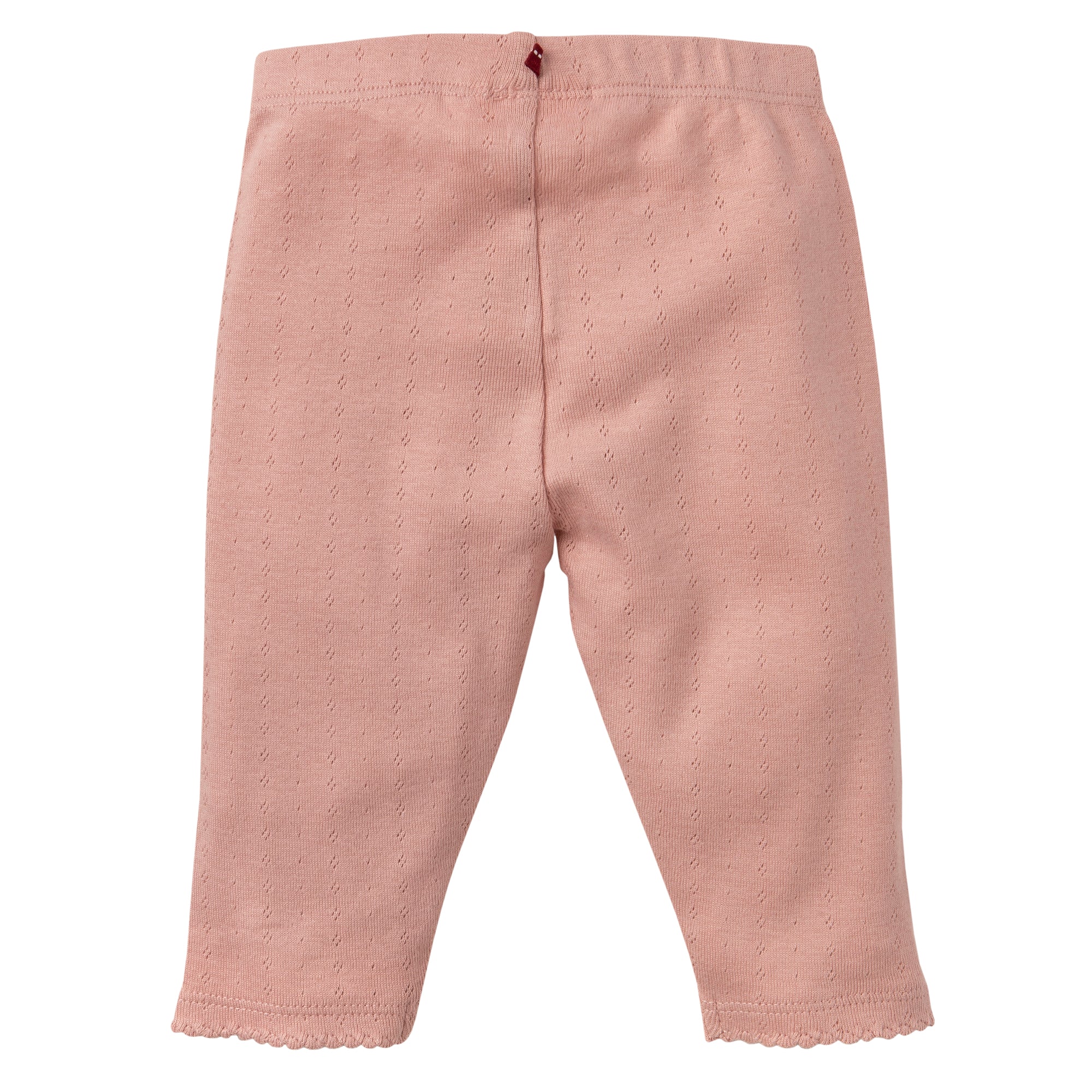 Hellrosa Baby-Leggings mit dezentem Pünktchenmuster, elastischem Bund und Wellenkanten an den Knöchelsäumen. Die Leggings sind weich und bequem, geeignet für Säuglinge und Kleinkinder.