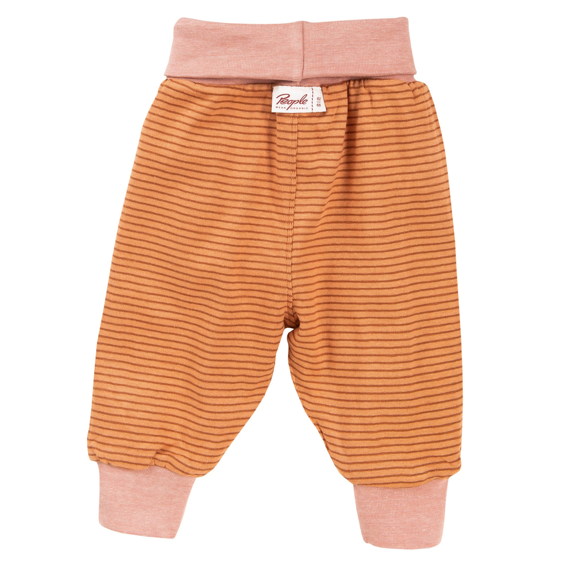Ein Paar Babyhosen mit hellbraunen und orangefarbenen Querstreifen, mit einem rosa Bund und Knöchelbündchen. Am Bund ist ein kleines Stoffetikett angenäht.