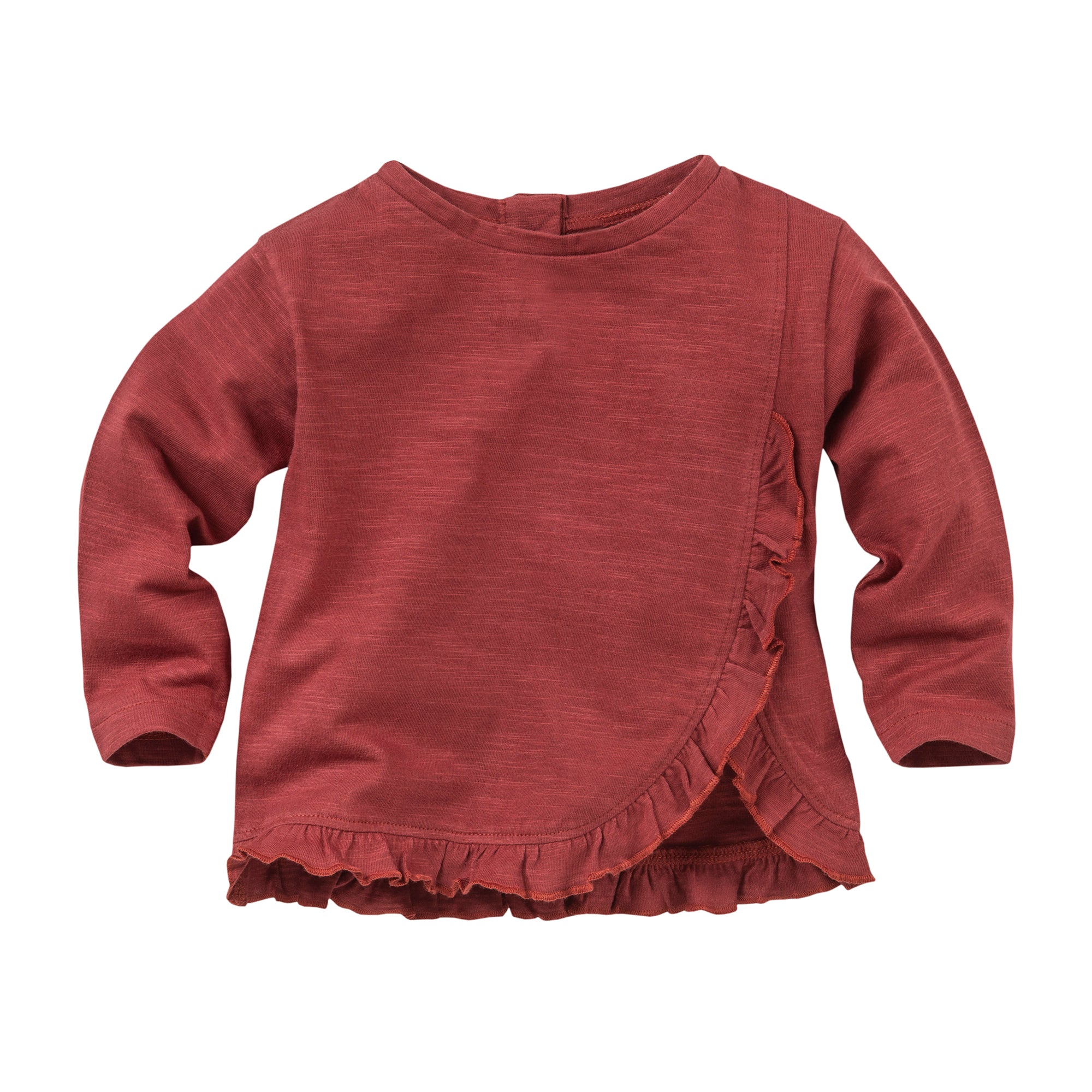 Rotes, langärmeliges Shirt für Kleinkinder mit Rundhalsausschnitt und Rüschenbesatz an der überlappenden Vorderseite, mit Rüschensaum.
