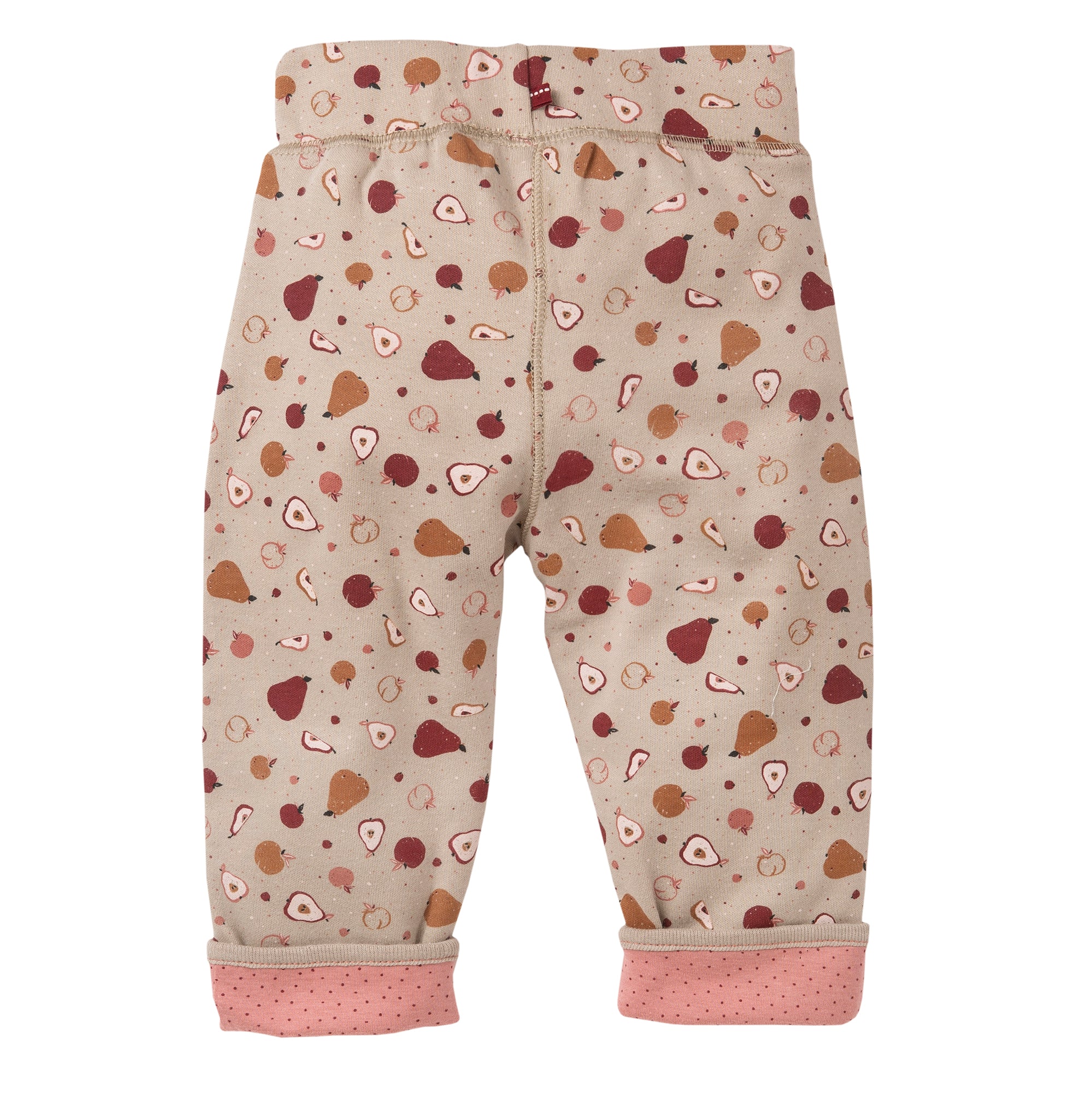 Beigefarbene Babyhose mit einem Obst- und Tupfenmuster in Braun-, Rot- und Rosatönen. Die Hose hat rosa Bündchen an den Knöcheln und einen elastischen Bund.