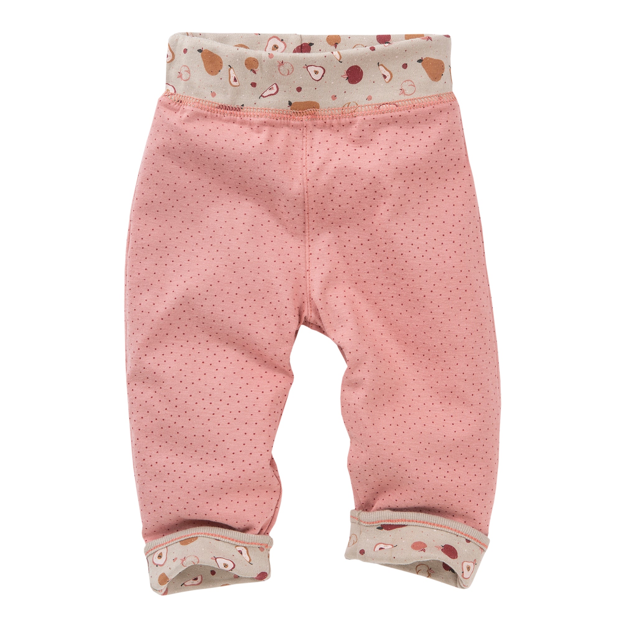Rosa Babyhose mit kleinen schwarzen Tupfen, cremefarbenem Bund und Bündchen mit abstraktem Fruchtmuster in Rosa-, Braun- und Beigetönen.