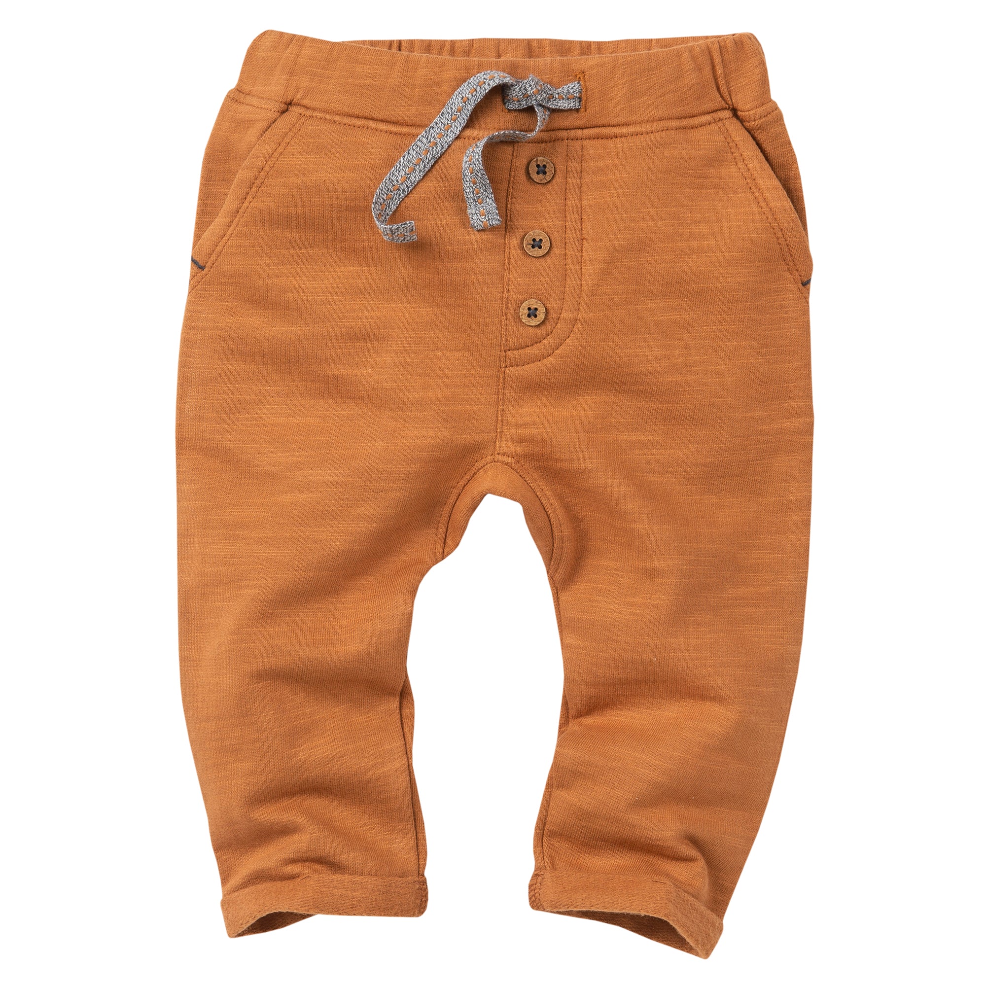 Ein Paar orange-braune Babyhosen mit grauem Kordelzug, elastischem Bund, drei Knöpfen vorne und Taschen auf jeder Seite.