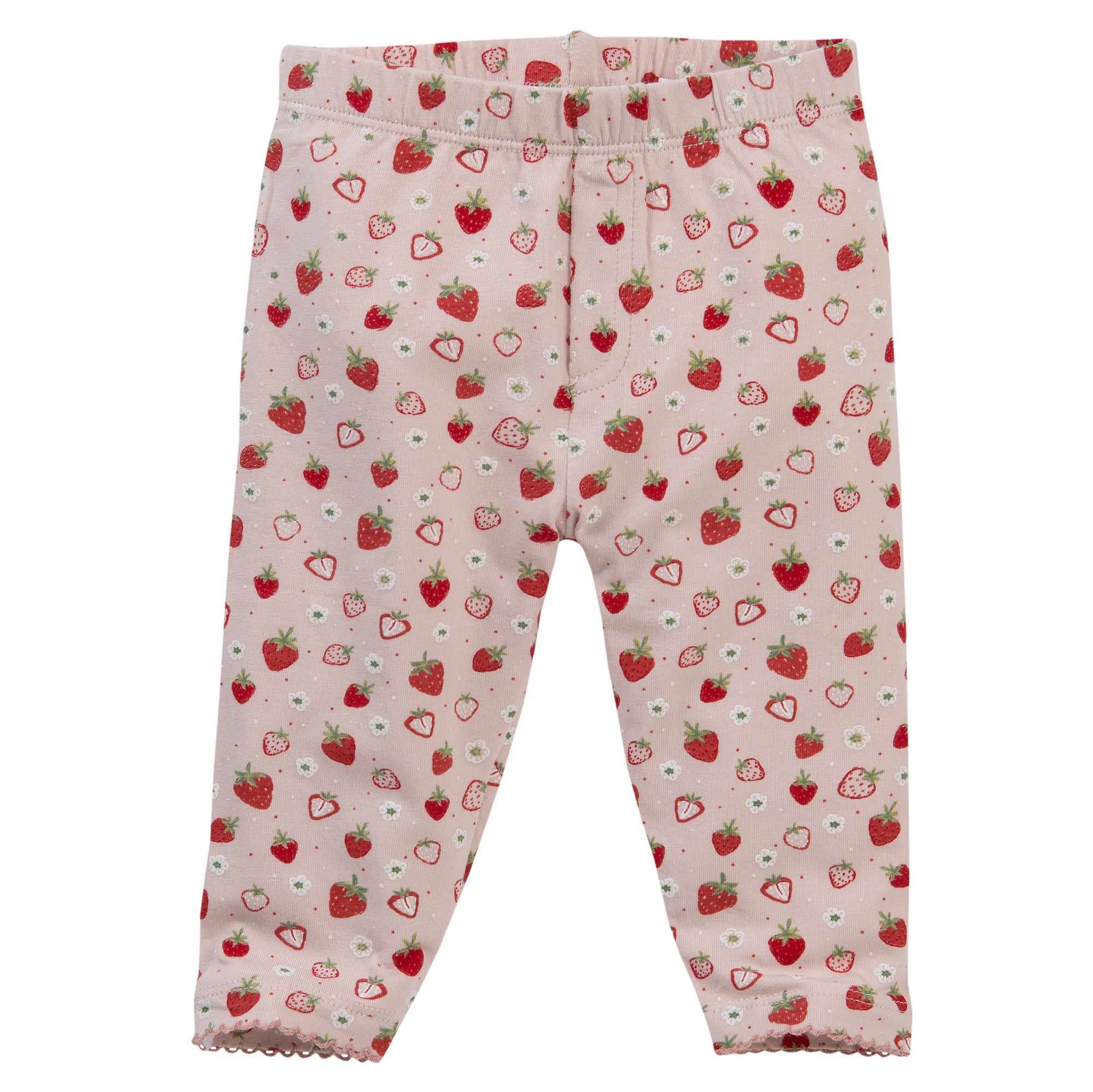 Rosafarbene Baby-Leggings mit rot-weißem Allover-Erdbeer-Print, elastischem Bund und kleinem Zackenbesatz an den Knöcheln.
