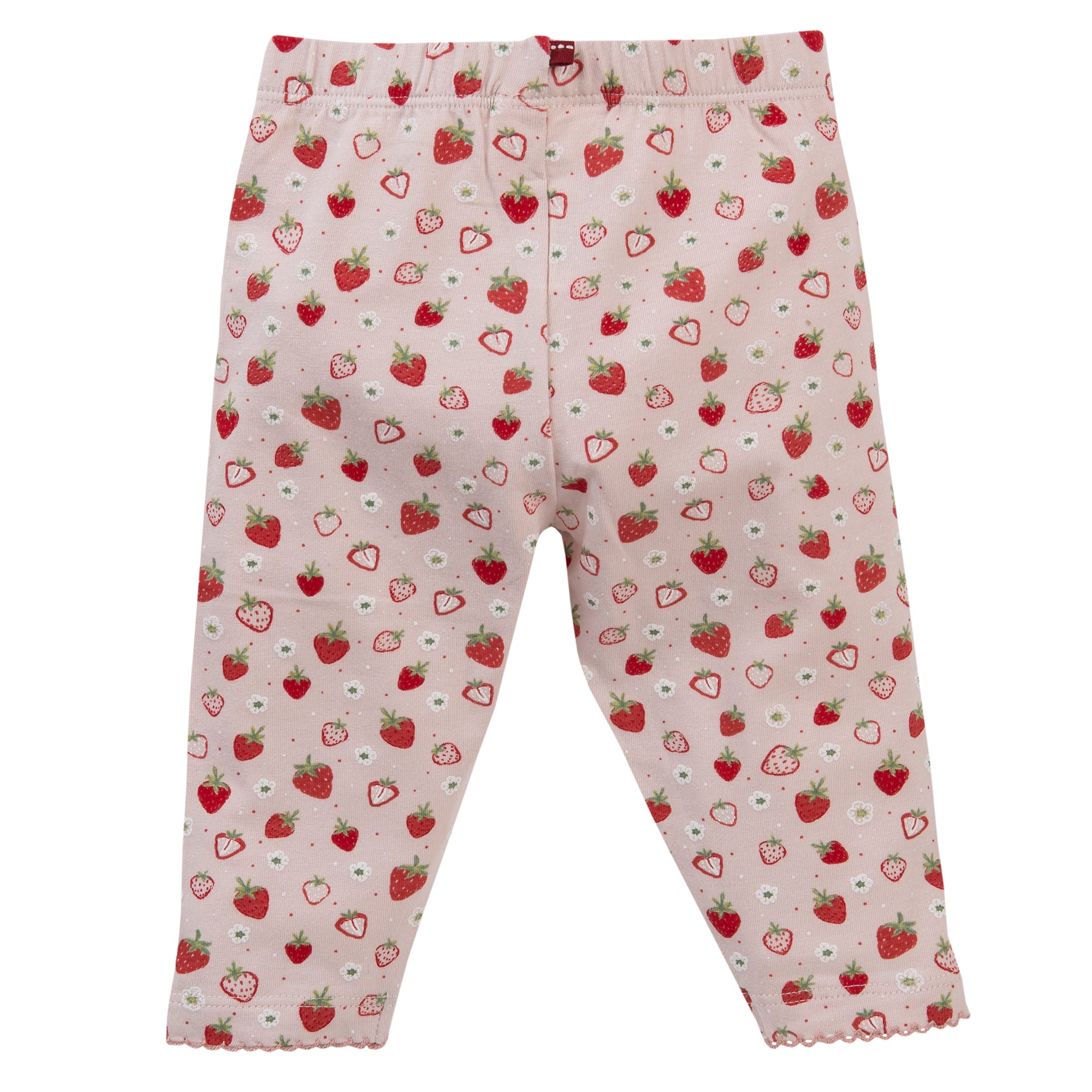 Rosafarbene Baby-Leggings mit einem Allover-Print aus roten und weißen Erdbeeren und kleinen weißen Punkten, mit elastischem Bund und Zierbündchen an den Bündchen.