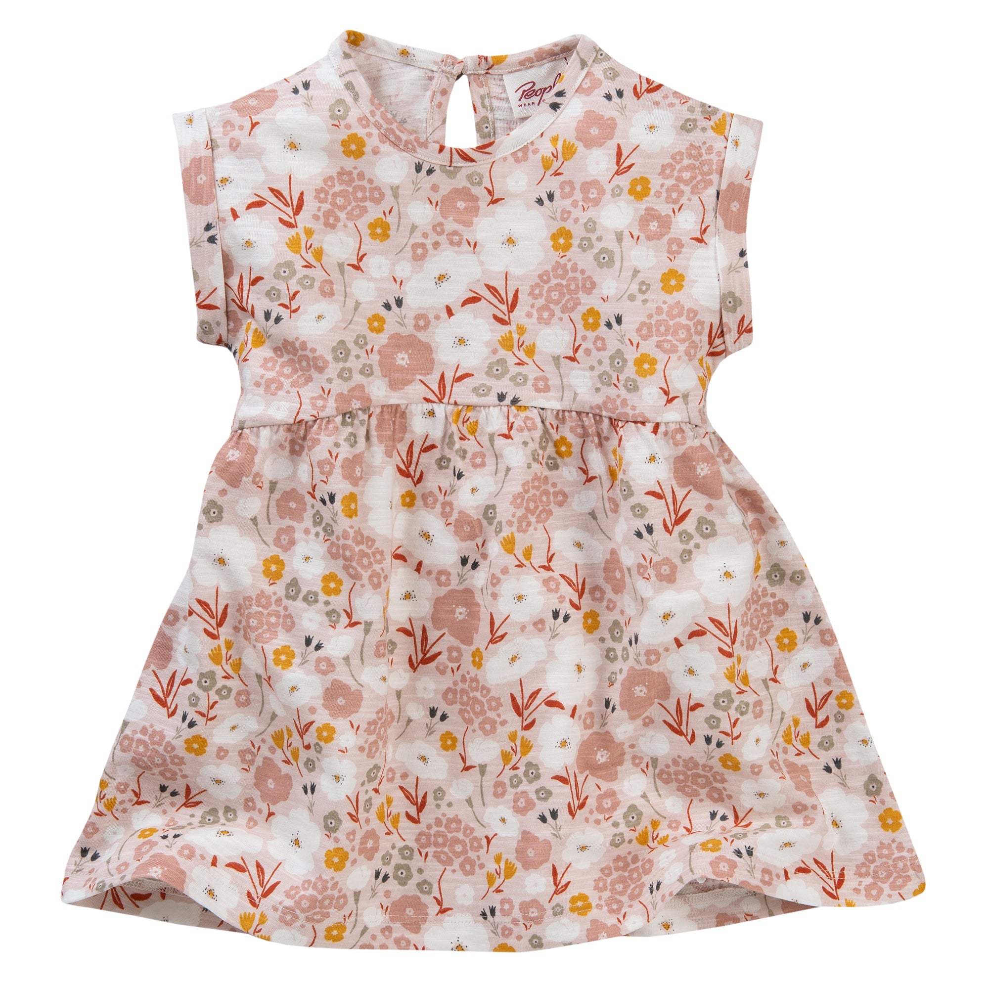 Kurzärmeliges, weißes Babykleid mit rosa, gelbem und orangefarbenem Blumendruck und geraffter Taille. Das Kleid hat einen kleinen Knopfverschluss hinten am Hals.