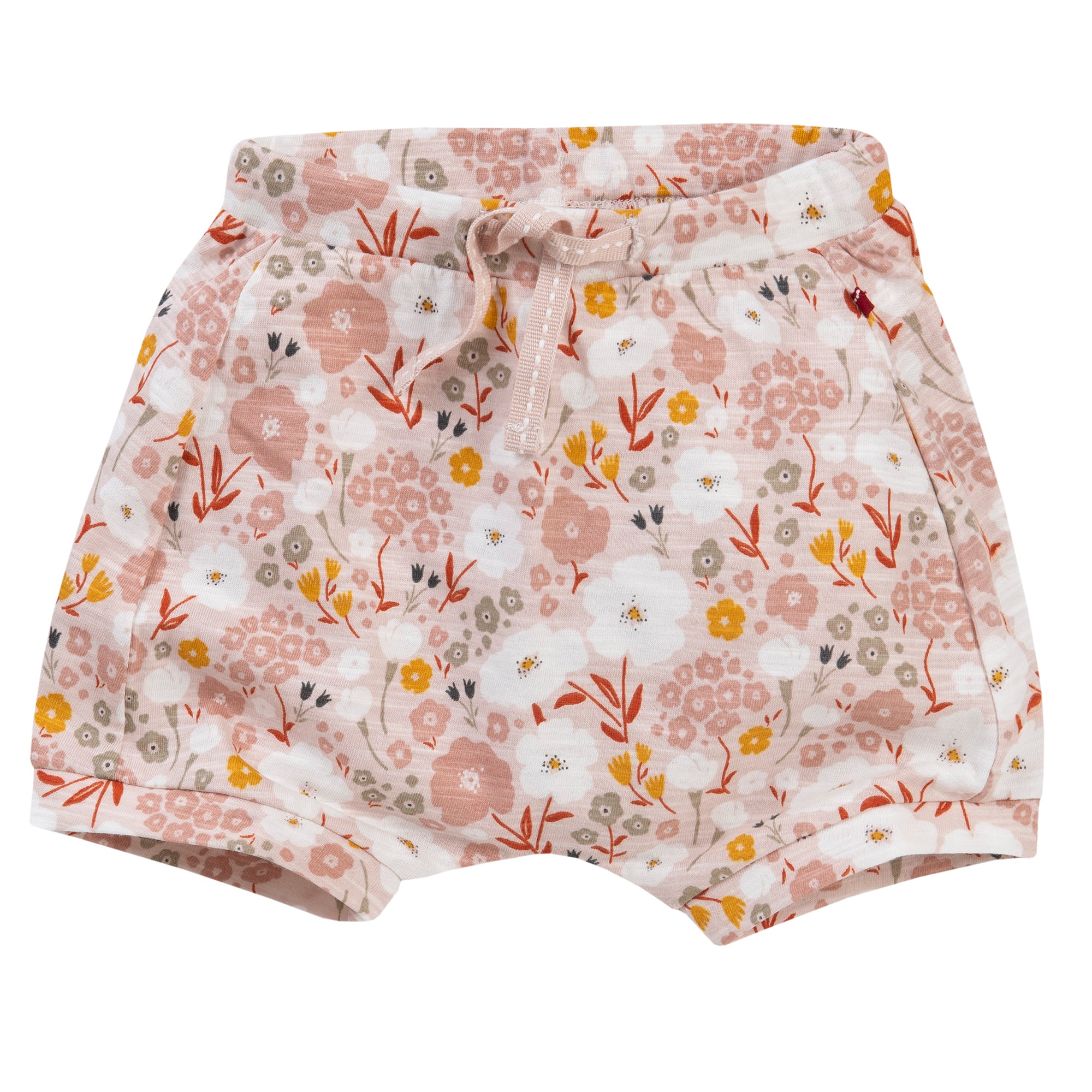 Rosa Babyshorts mit elastischem Bund mit Kordelzug und Blumenmuster in Weiß-, Gelb-, Orange- und Beigetönen, mit zwei Seitentaschen.