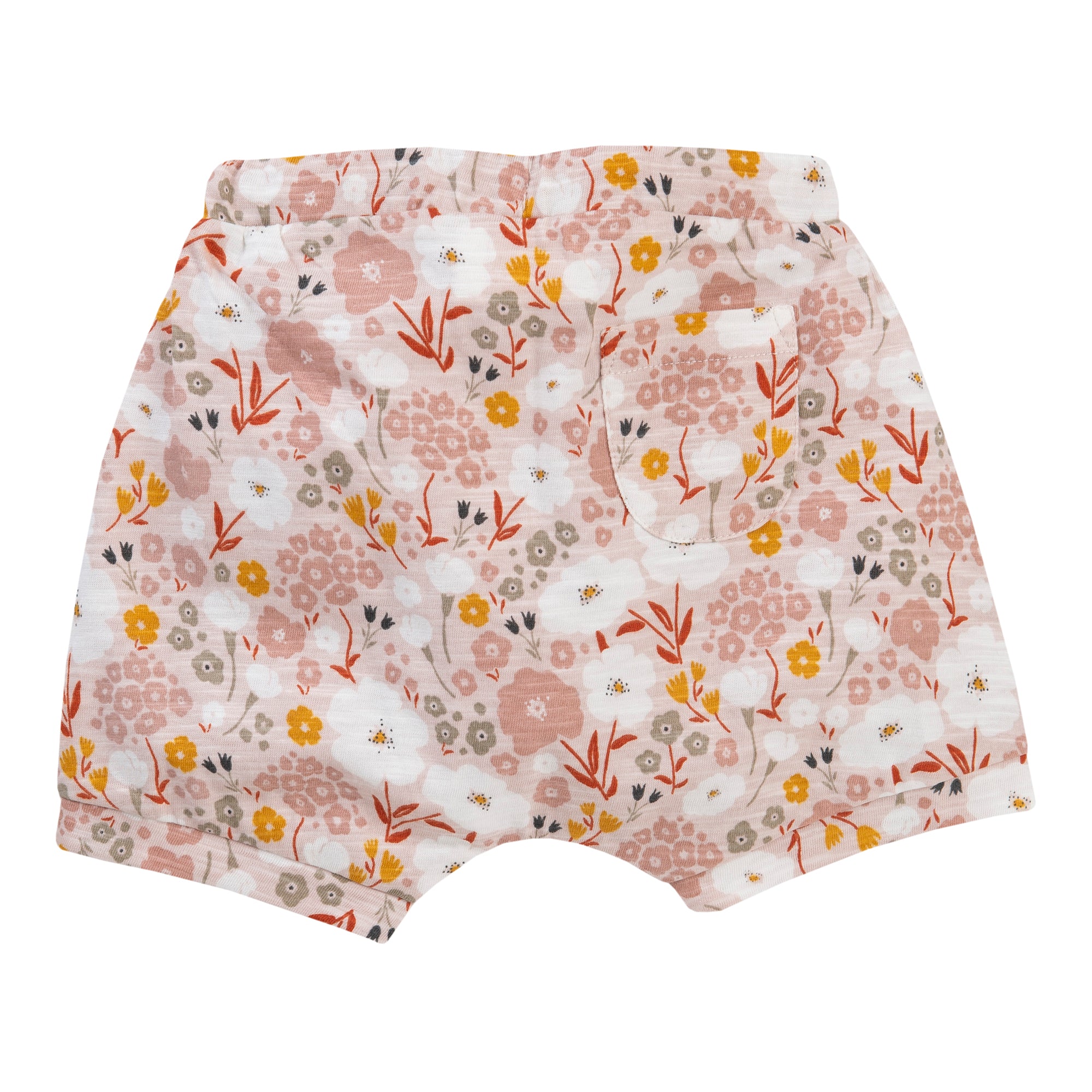 Baby-Shorts mit elastischem Bund und Gesäßtasche, mit Blumenmuster in Rosa-, Gelb-, Orange- und Weißtönen auf hellem Grund.