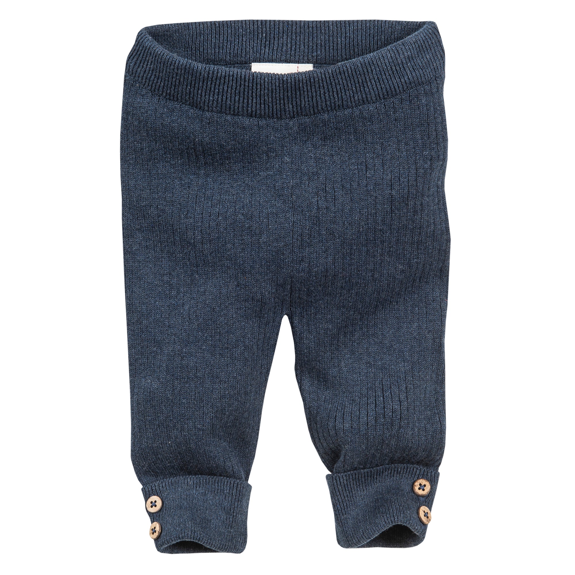 Marineblaue gestrickte Babyhose mit gerippter Struktur, gefalteten Bündchen und Holzknöpfen an den Knöcheln. Die Hose hat einen elastischen Bund und keine sichtbaren Muster oder Verzierungen.