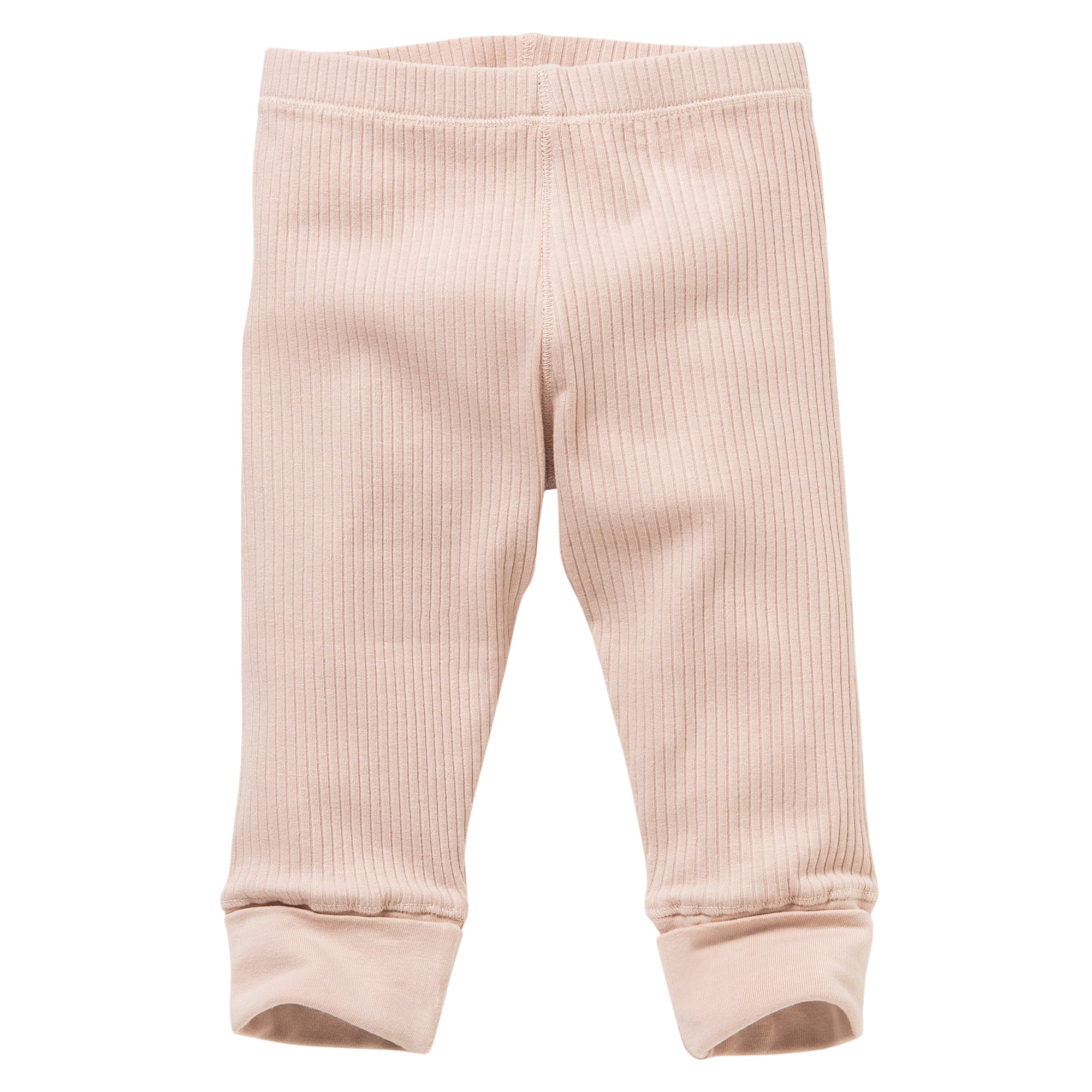 Hellrosa, gerippte Baby-Leggings mit umgeschlagenen Bündchen und elastischem Bund, flach auf weißem Grund.