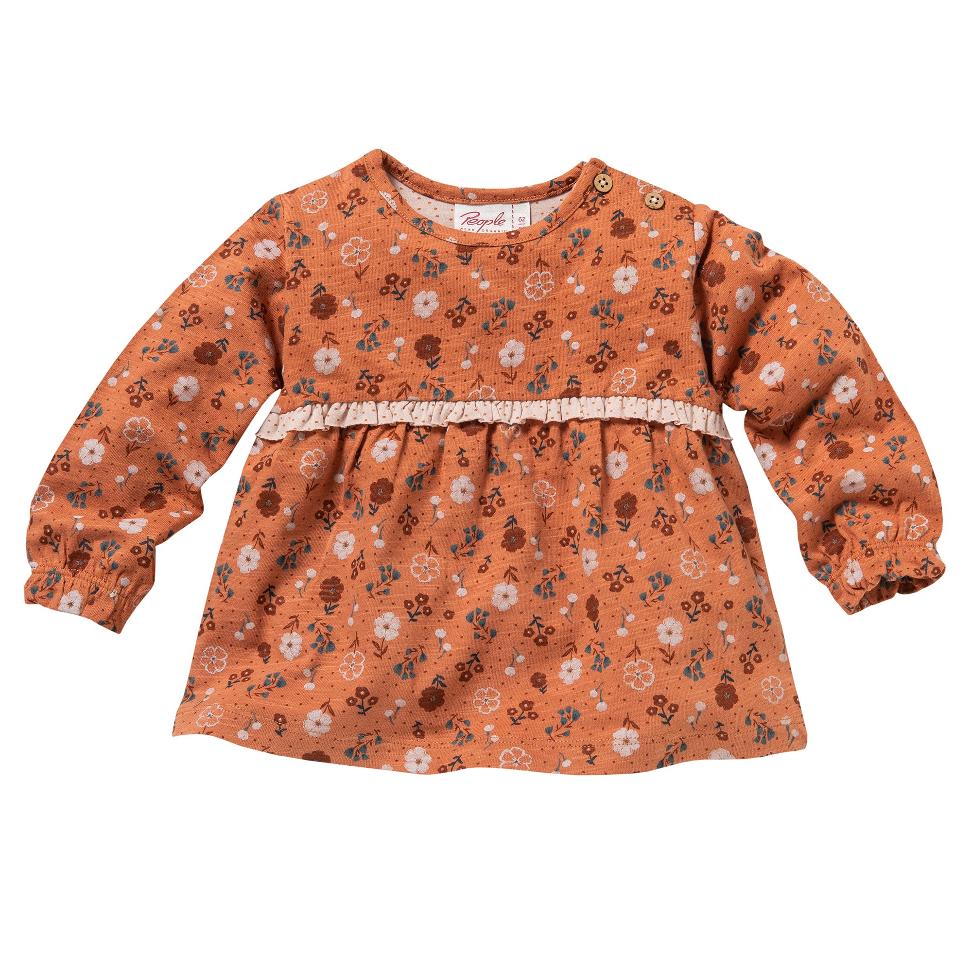 Langärmeliges, orangefarbenes Babykleid mit Blumenmuster, Rundhalsausschnitt, gerafften Bündchen, einem Zierknopf an der Schulter und einem Spitzenbesatz auf der Brust.