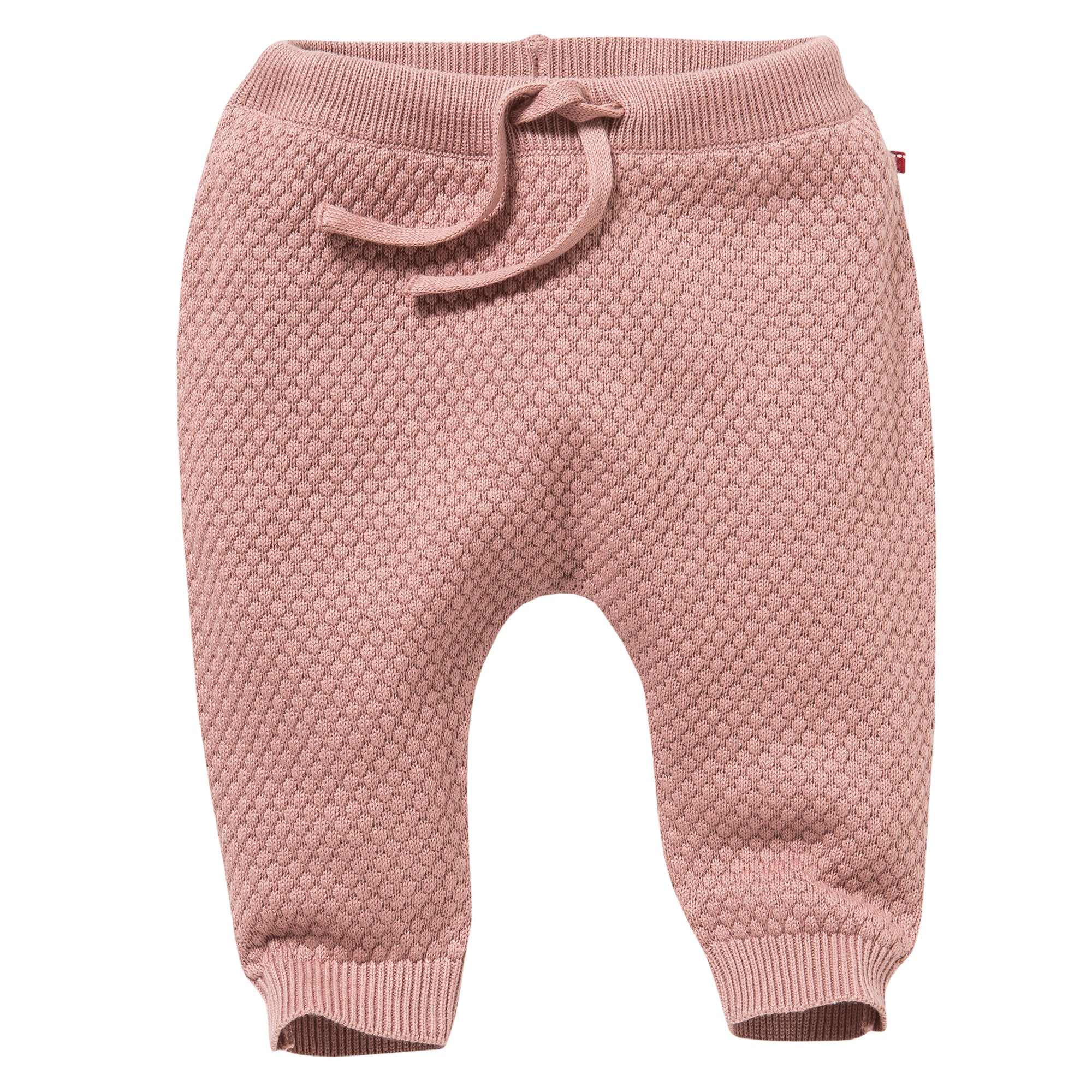 Rosafarbene, strukturierte Strick-Babyhose mit Kordelzug in der Taille und Rippbündchen an den Knöcheln.