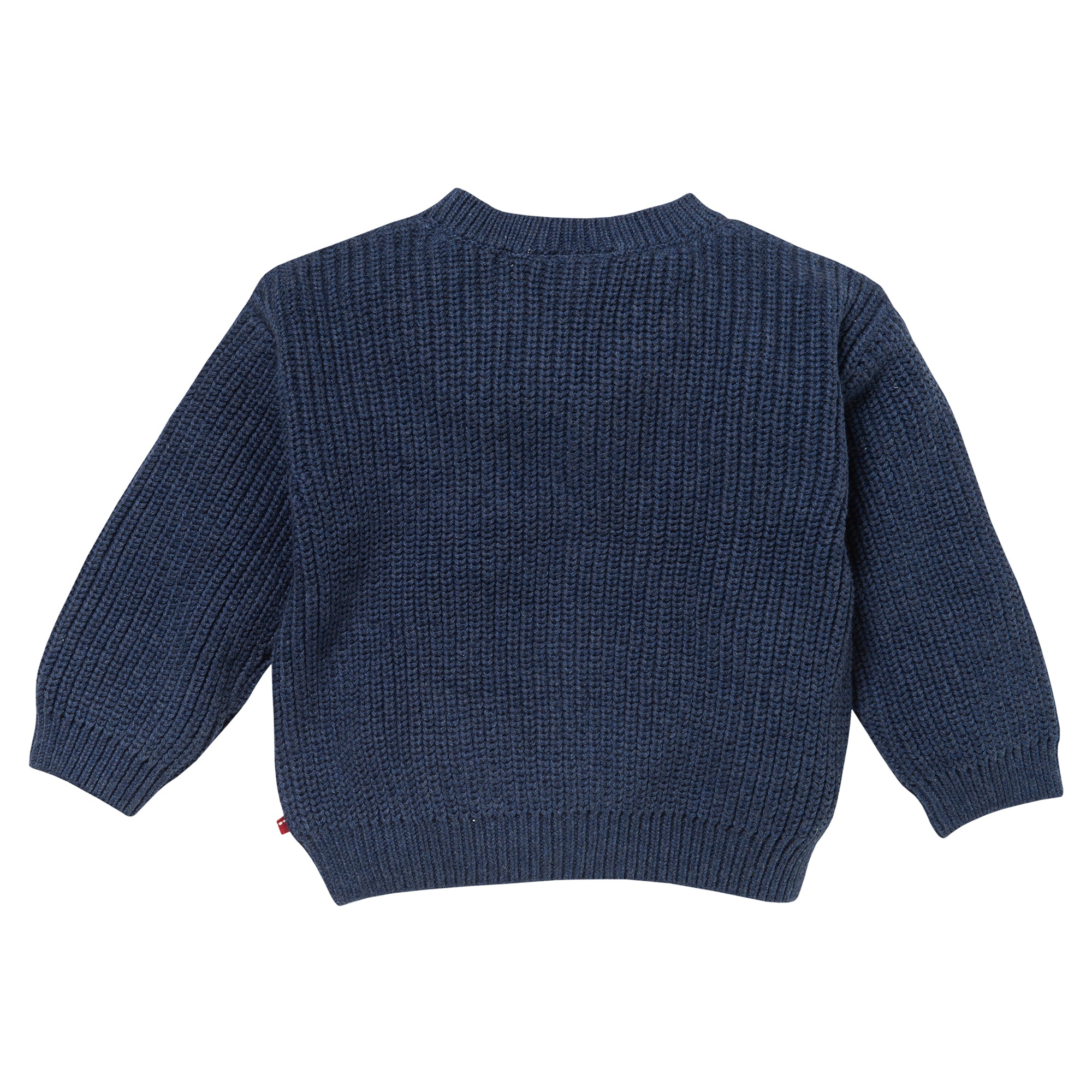 Ein marineblauer, langärmeliger Strickpullover wird flach mit der Rückseite nach oben gezeigt. Der Pullover hat einen gerippten Halsausschnitt, Bündchen und Saum.