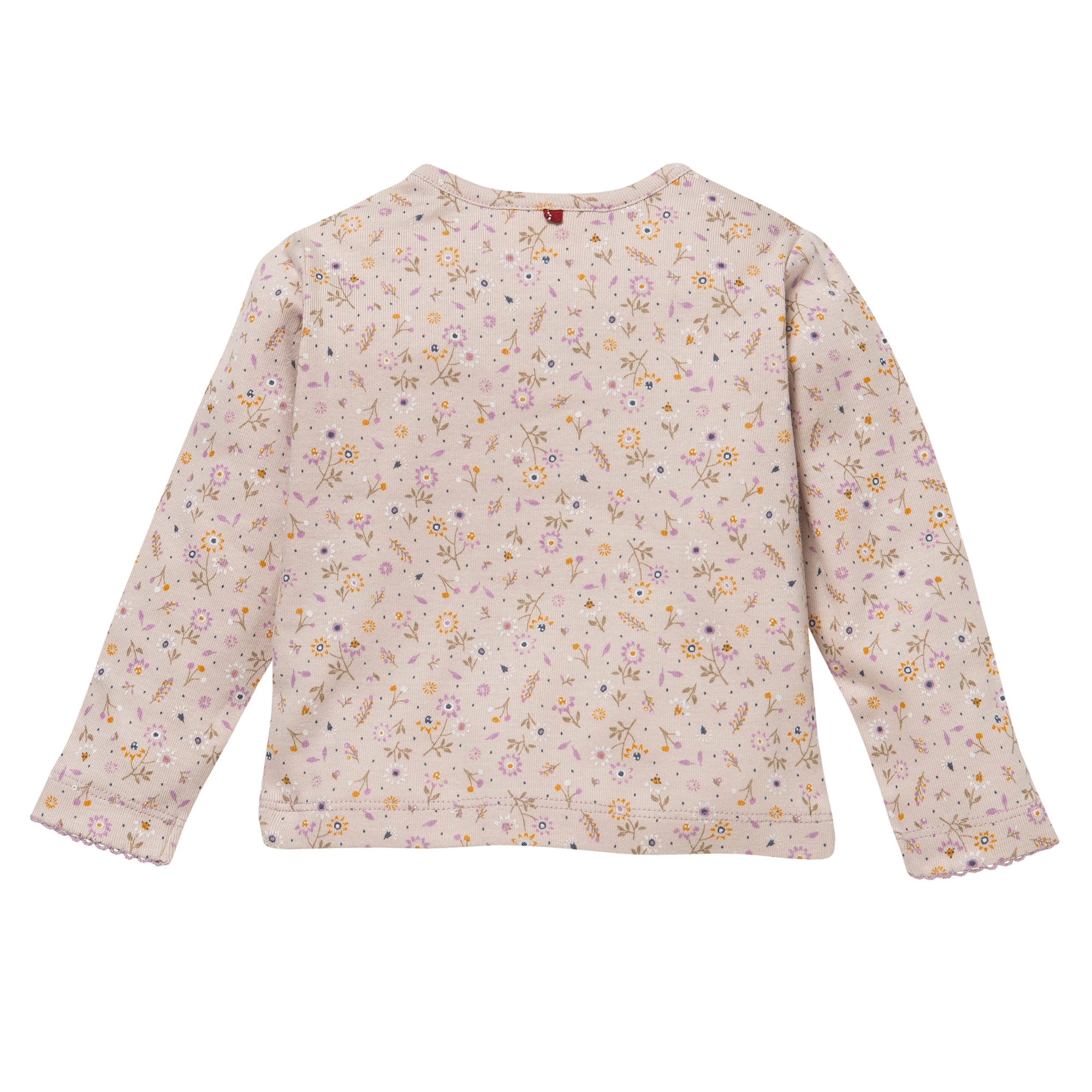 Langärmliges Kindershirt mit hellbeigem Hintergrund und kleinem Blumenprint in Pastellfarben, darunter Rosa, Gelb und Orange. Das Shirt hat einen Rundhalsausschnitt und einen dezenten Spitzenbesatz an den Manschetten.