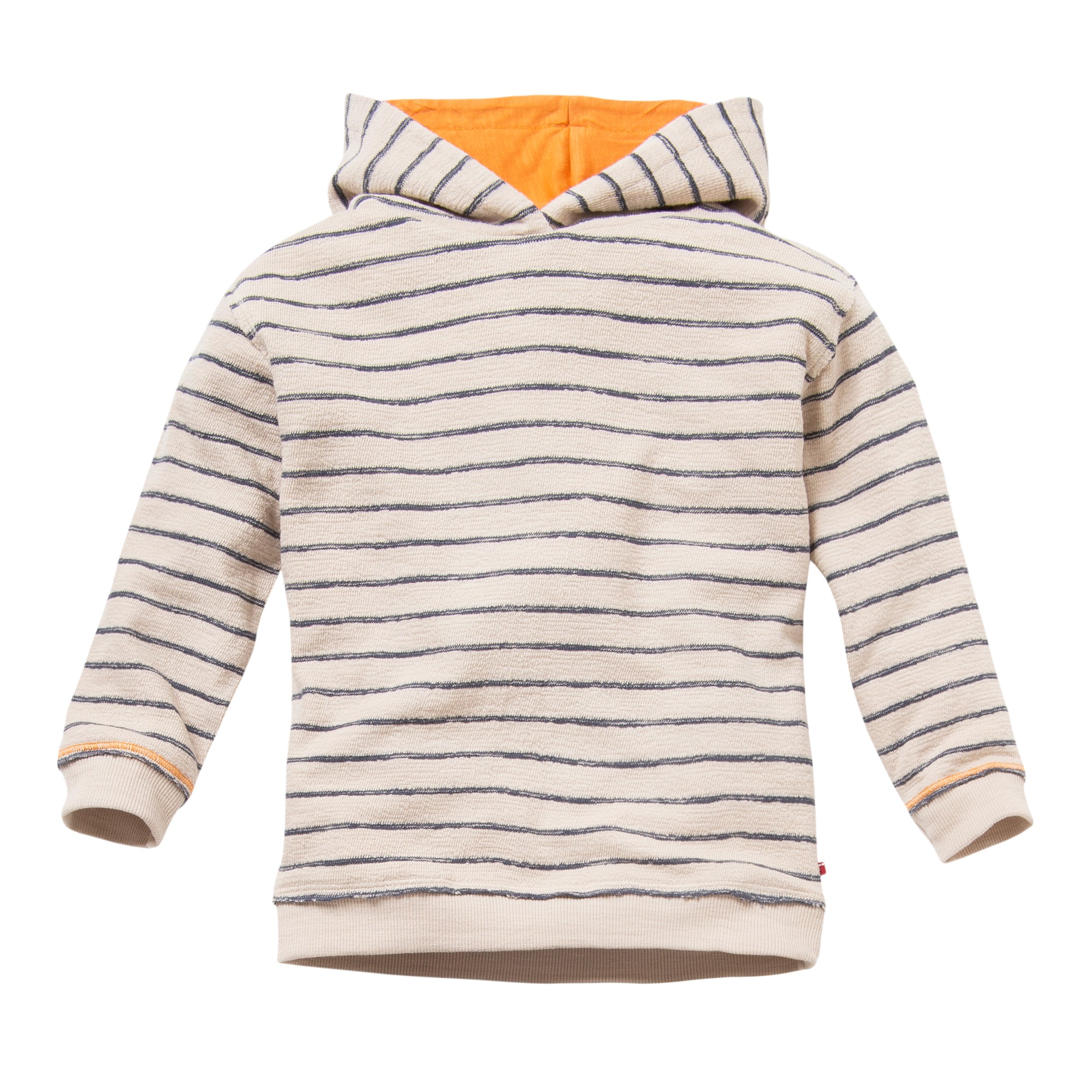 Beigefarbener Kinder-Kapuzenpulli mit dunkelblauen Querstreifen und orangefarbener Kapuze, flach auf weißem Grund abgebildet.