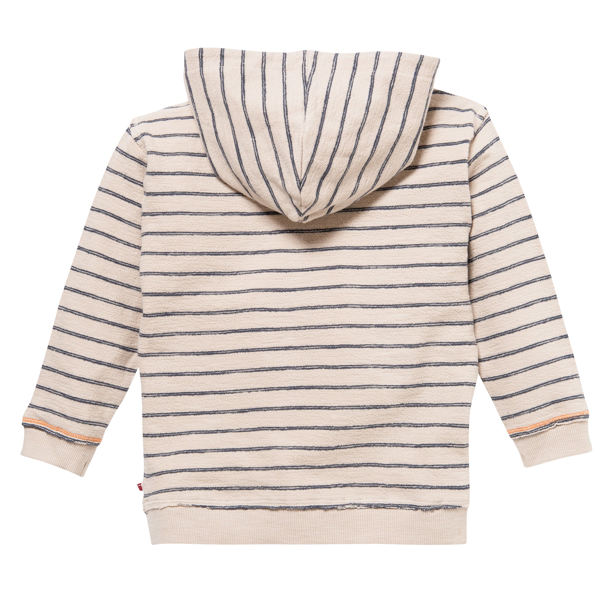 Ein beigefarbenes Kapuzensweatshirt mit schwarzen Querstreifen, langen Ärmeln und Rippbündchen, von hinten gesehen.