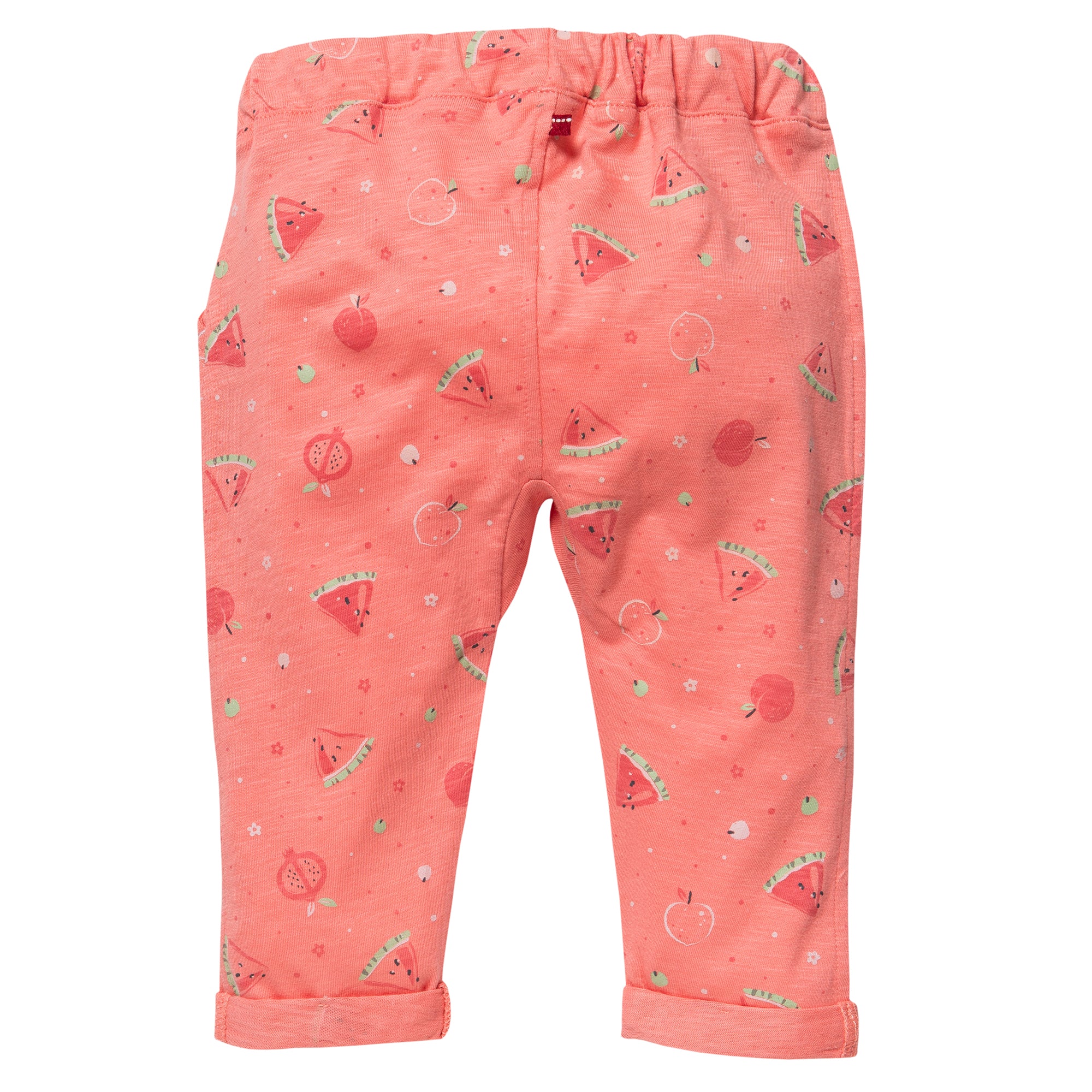 Korallenfarbene Babyhose mit einem lustigen Aufdruck aus Wassermelonen, Kirschen, Granatäpfeln und kleinen weißen Blumen. Die Hose hat einen elastischen Bund und aufgerollte Bündchen.