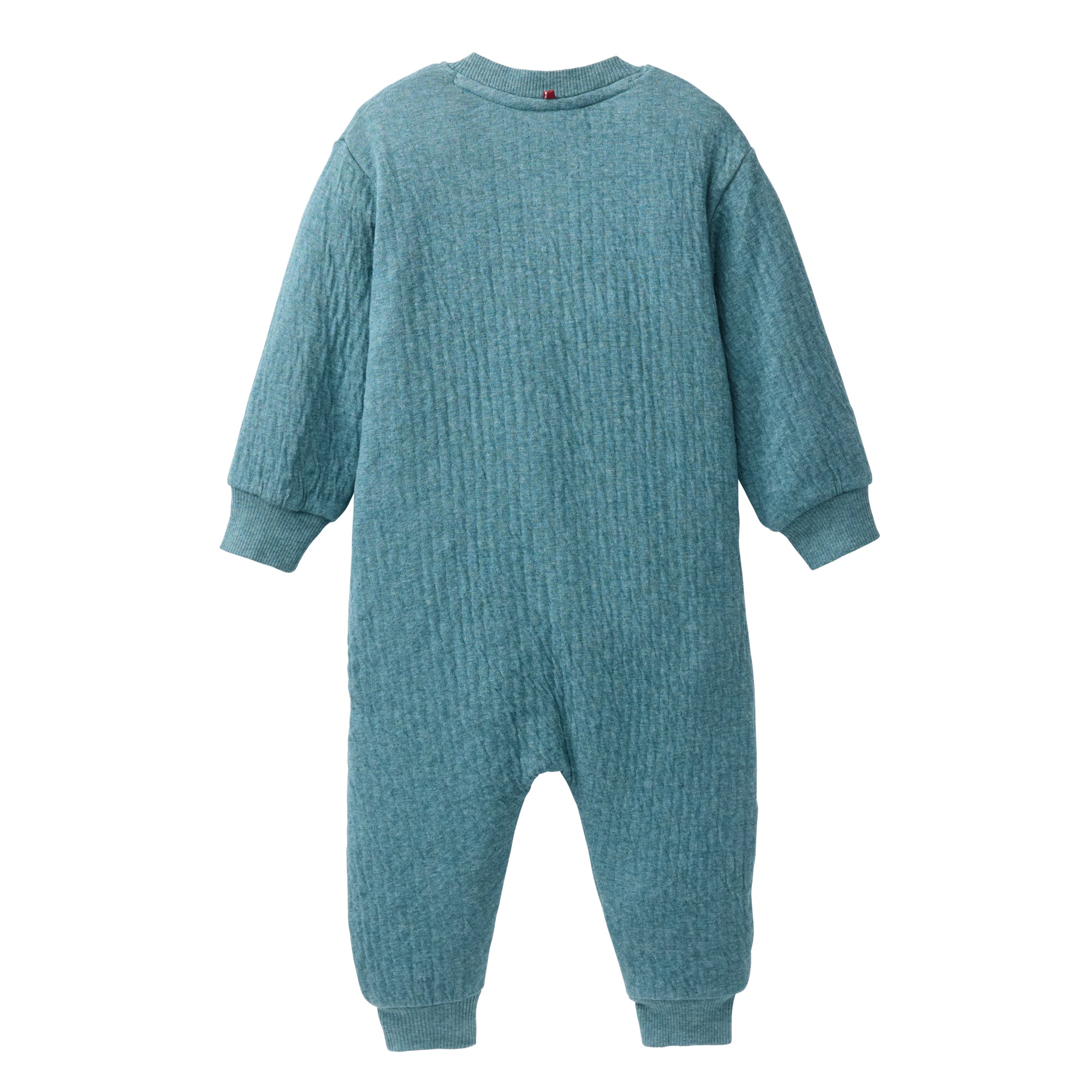 Ein blaugrüner, langärmeliger, einteiliger Baby-Overall aus weichem, geripptem Stoff, der flach und mit dem Rücken zugewandt ausgestellt wird, mit Bündchen an Ärmeln und Beinen.