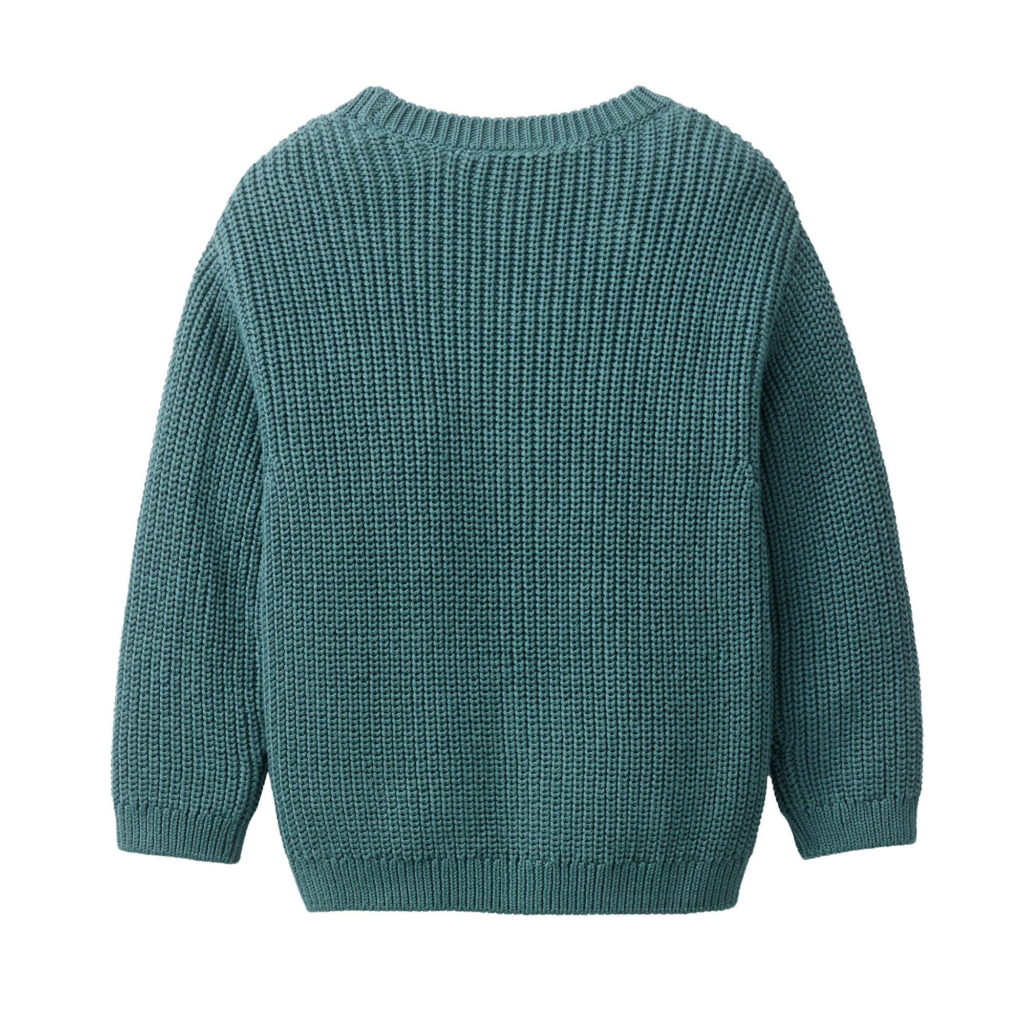 Ein tealfarbener, langärmeliger Strickpullover mit strukturiertem Grobstrickmuster und Rippenbündchen an Ärmeln, Saum und Halsausschnitt ist auf der Rückseite abgebildet.