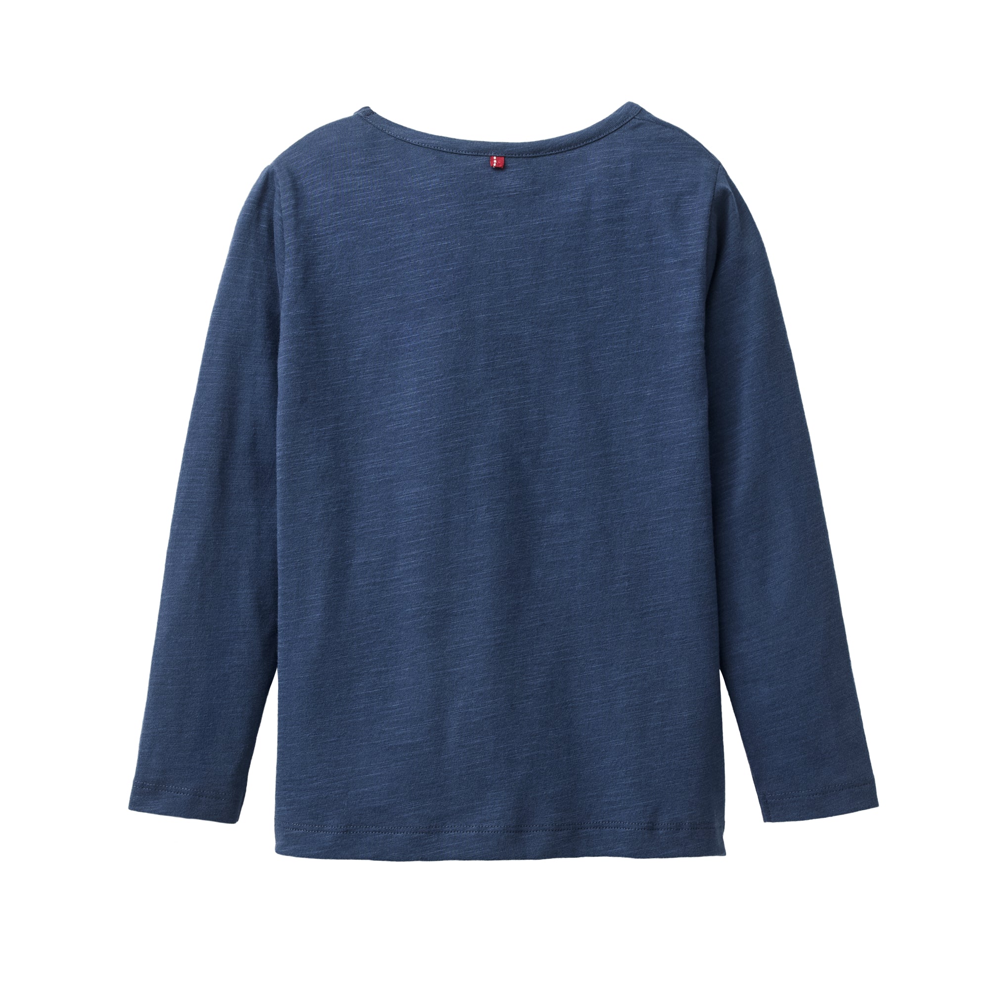 Ein langärmeliges, dunkelblaues Hemd liegt flach auf dem Rücken und ist vor einem weißen Hintergrund abgebildet. Das Hemd hat ein einfaches, schlichtes Design ohne sichtbare Logos oder Muster.