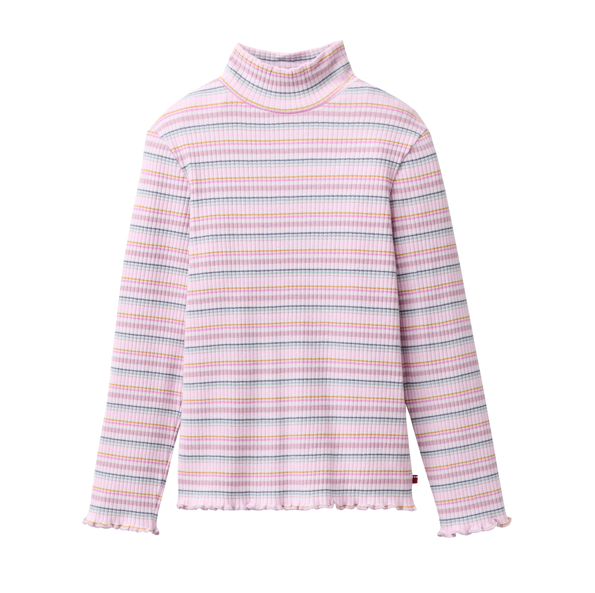 Langärmeliges Rollkragenshirt mit horizontalen Pastellstreifen in Rosa, Lila, Blau und Weiß, mit gerippter Struktur und gerafften Kanten an den Ärmeln und am Saum.