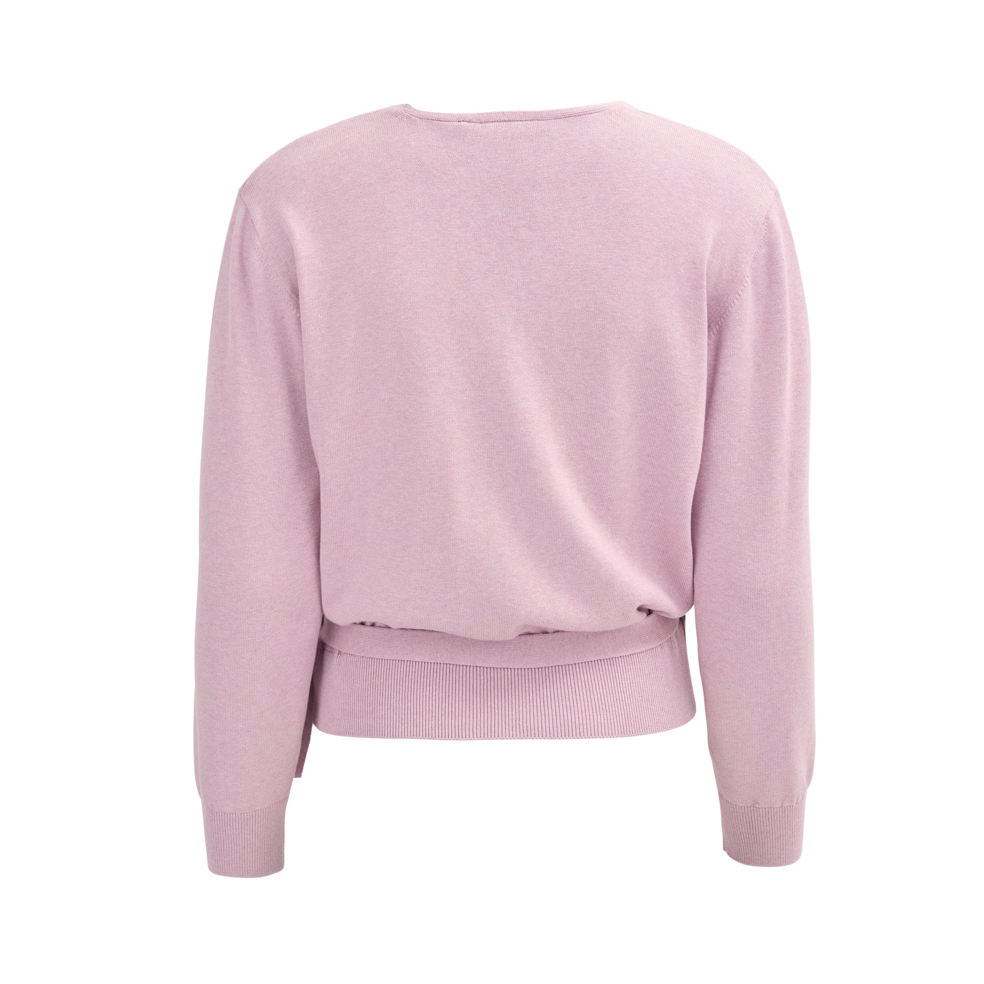 Hellrosa langärmeliger Pullover, von hinten gesehen, mit gerippten Bündchen und geripptem Bund in lockerer Passform.