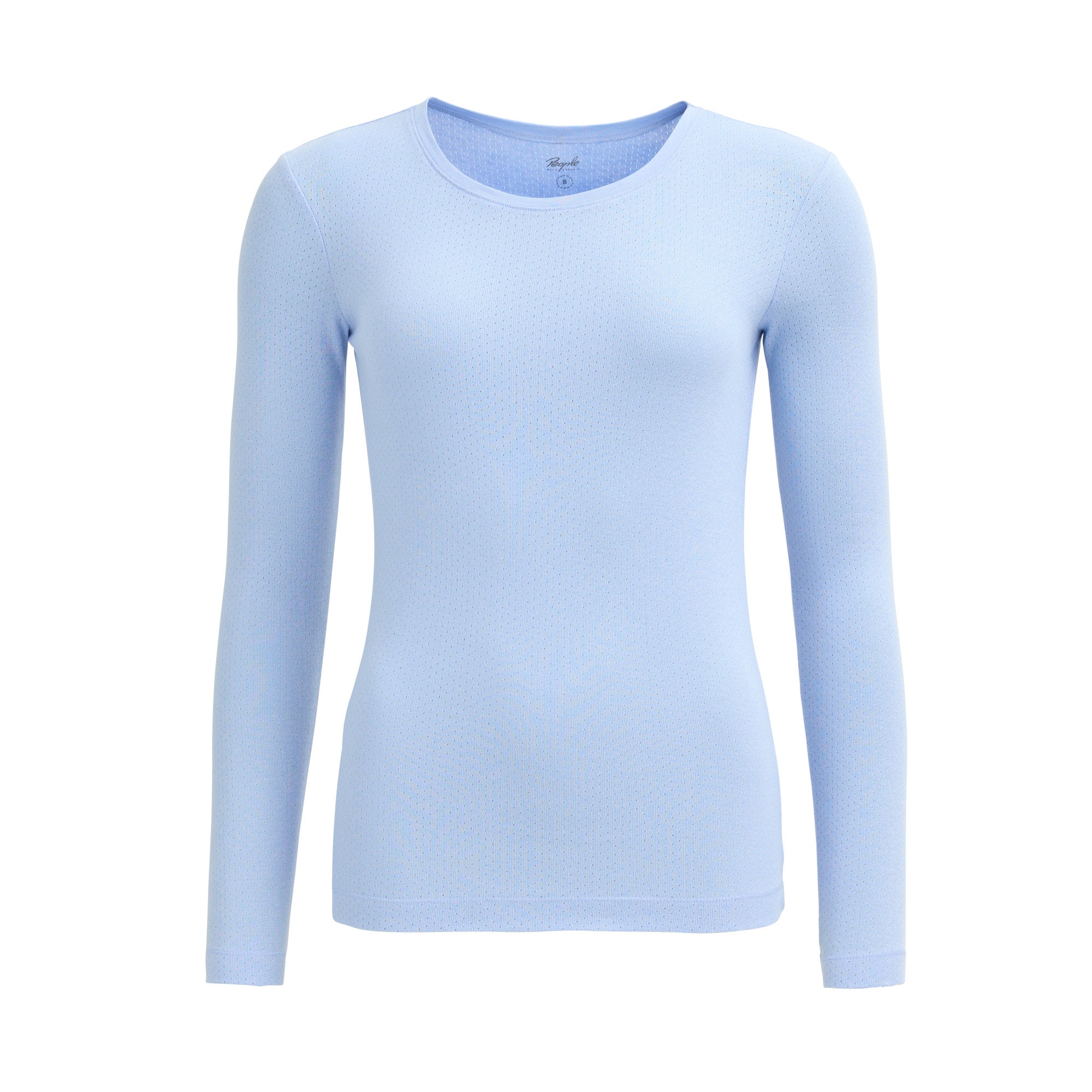 Ein hellblaues, langärmeliges T-Shirt mit Rundhalsausschnitt für Frauen auf weißem Hintergrund.