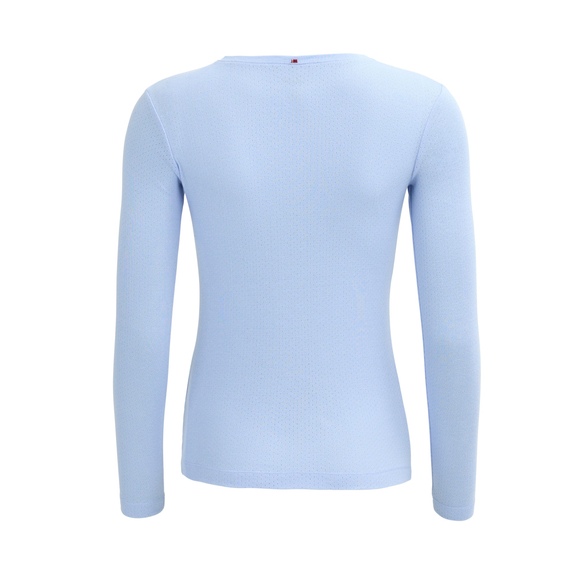 Ein hellblaues, langärmeliges, tailliertes Hemd, das von hinten vor einem weißen Hintergrund gezeigt wird. Das Hemd hat ein einfaches Design ohne sichtbare Muster oder Verzierungen.