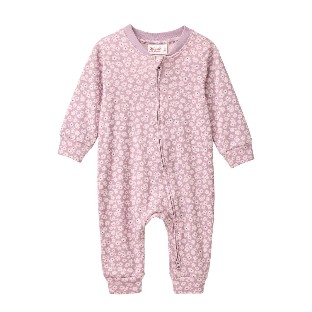 People Wear Organic Langarm-Overall GOTS Dunkelmalve Aop Kleine Veilchen