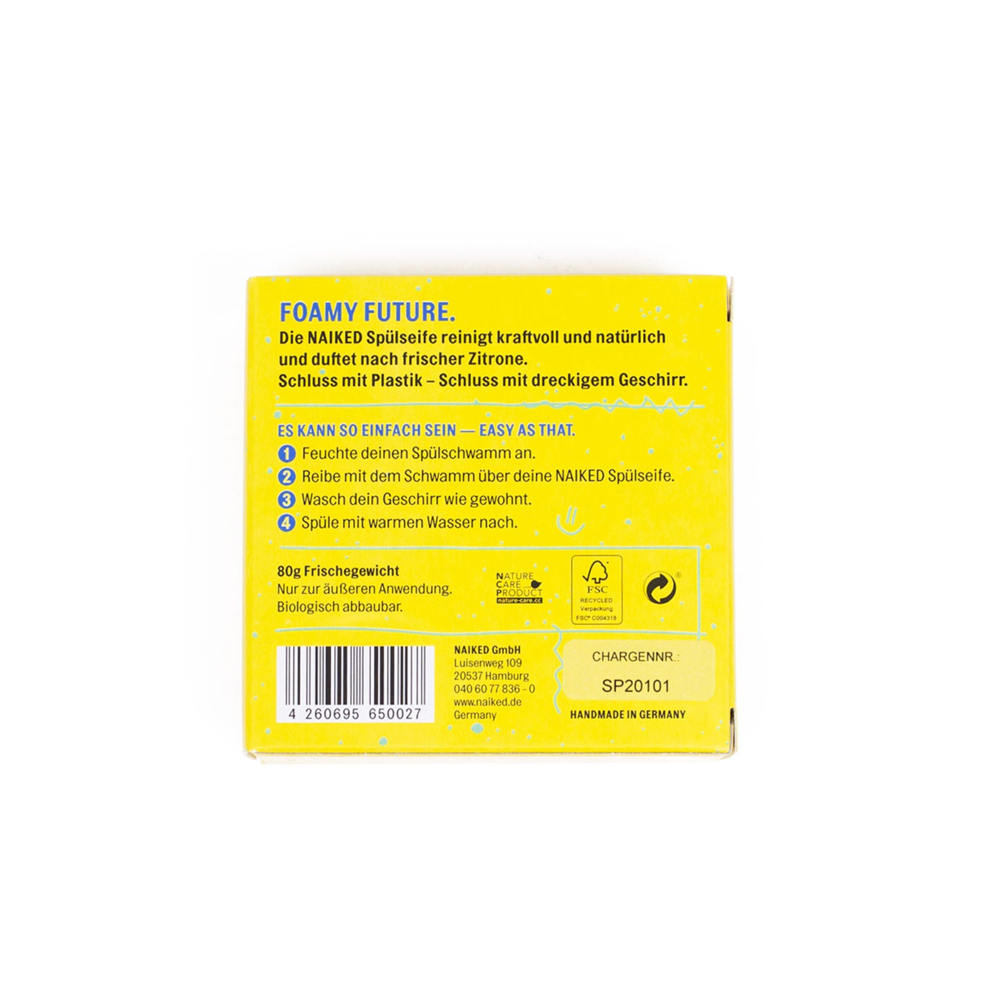 Verpackung der NAIKED Spülseife mit Anleitung und Informationen auf gelbem Hintergrund.