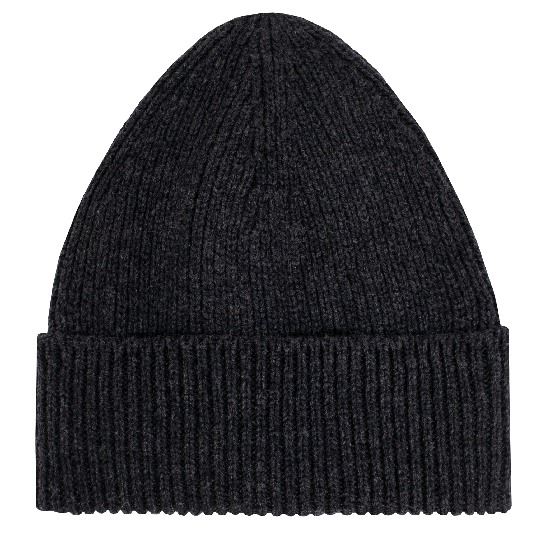 Grauer, gestrickter Beanie mit umgeschlagenem Rand auf weißem Hintergrund dargestellt.