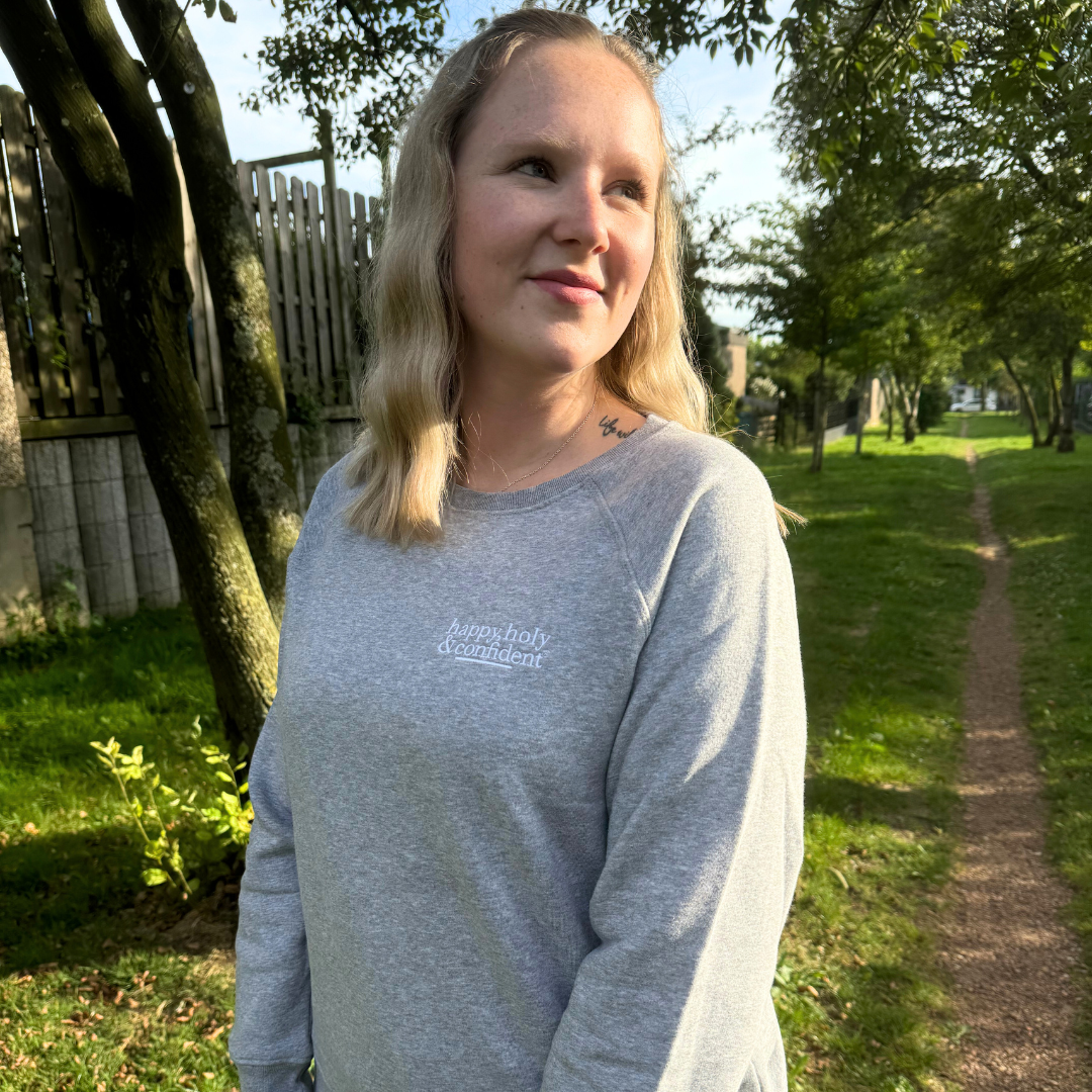 Rock on & Namasté Sweatshirt "Happy Holy & Confident" Heather Grey