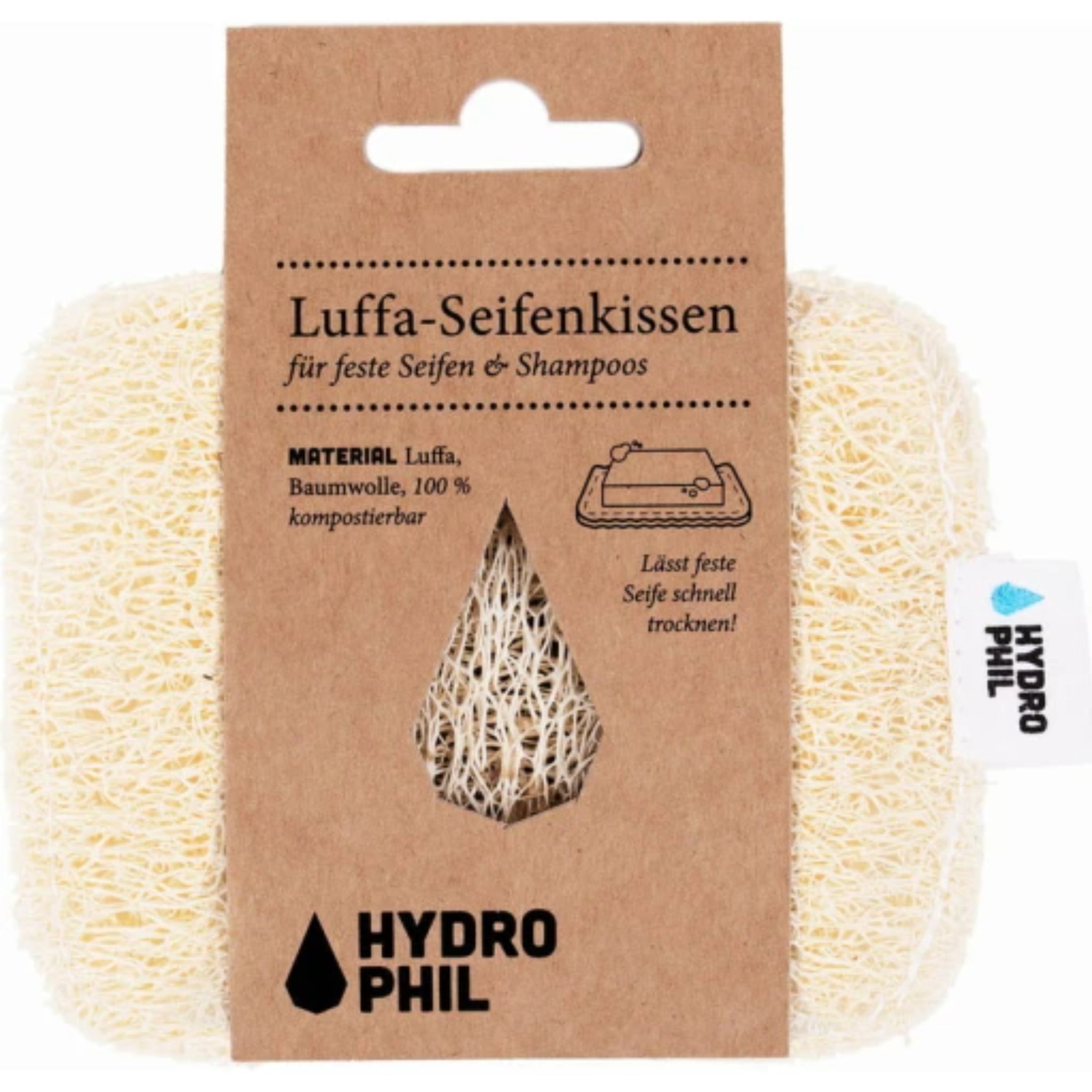 Verpackung eines Luffa-Seifenkissens von Hydrophil, aus Luffa und Baumwolle, 100% kompostierbar, mit Etikett.