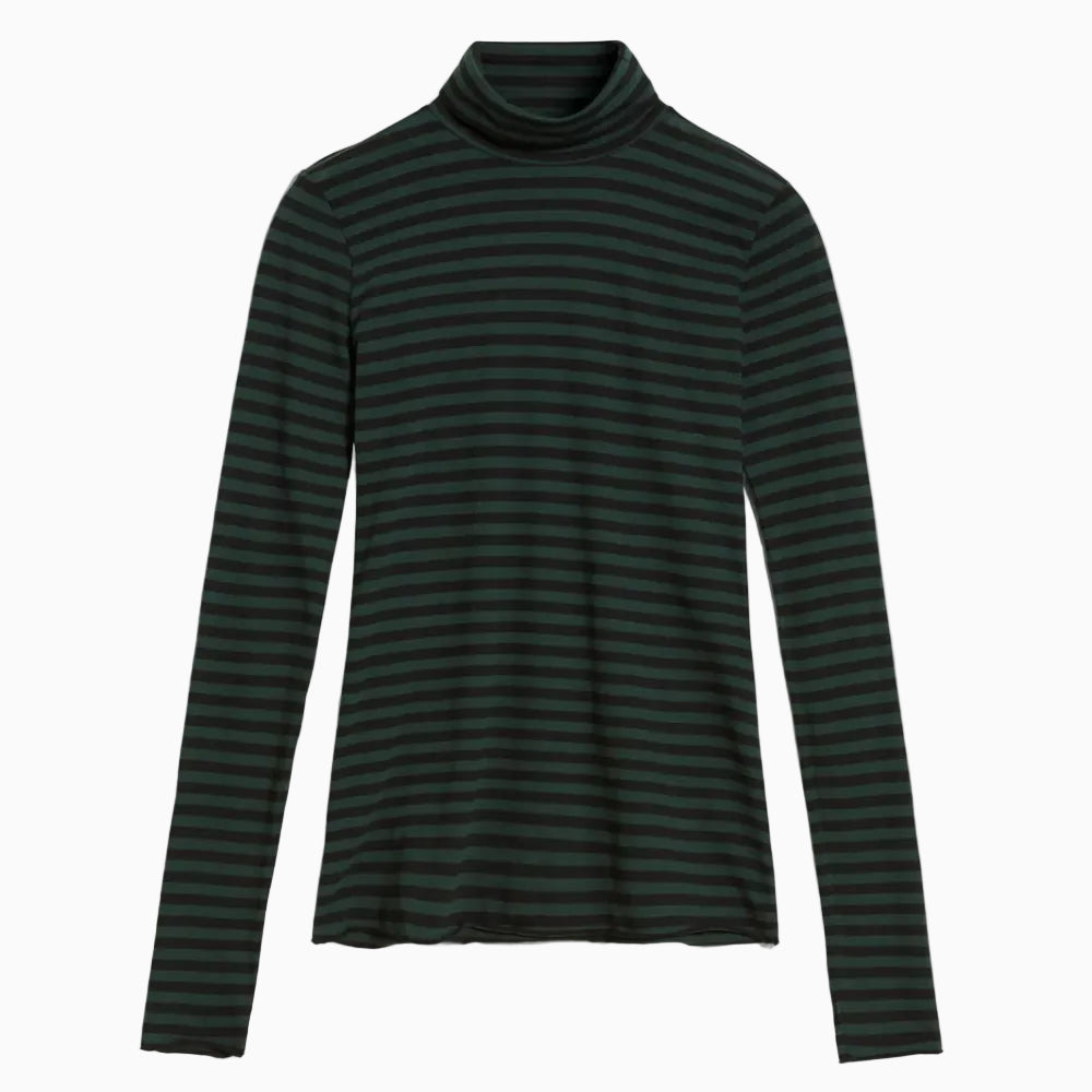 Ein langärmeliges, schwarz-dunkelgrünes, horizontal gestreiftes Rollkragenhemd liegt flach auf einem weißen Hintergrund.