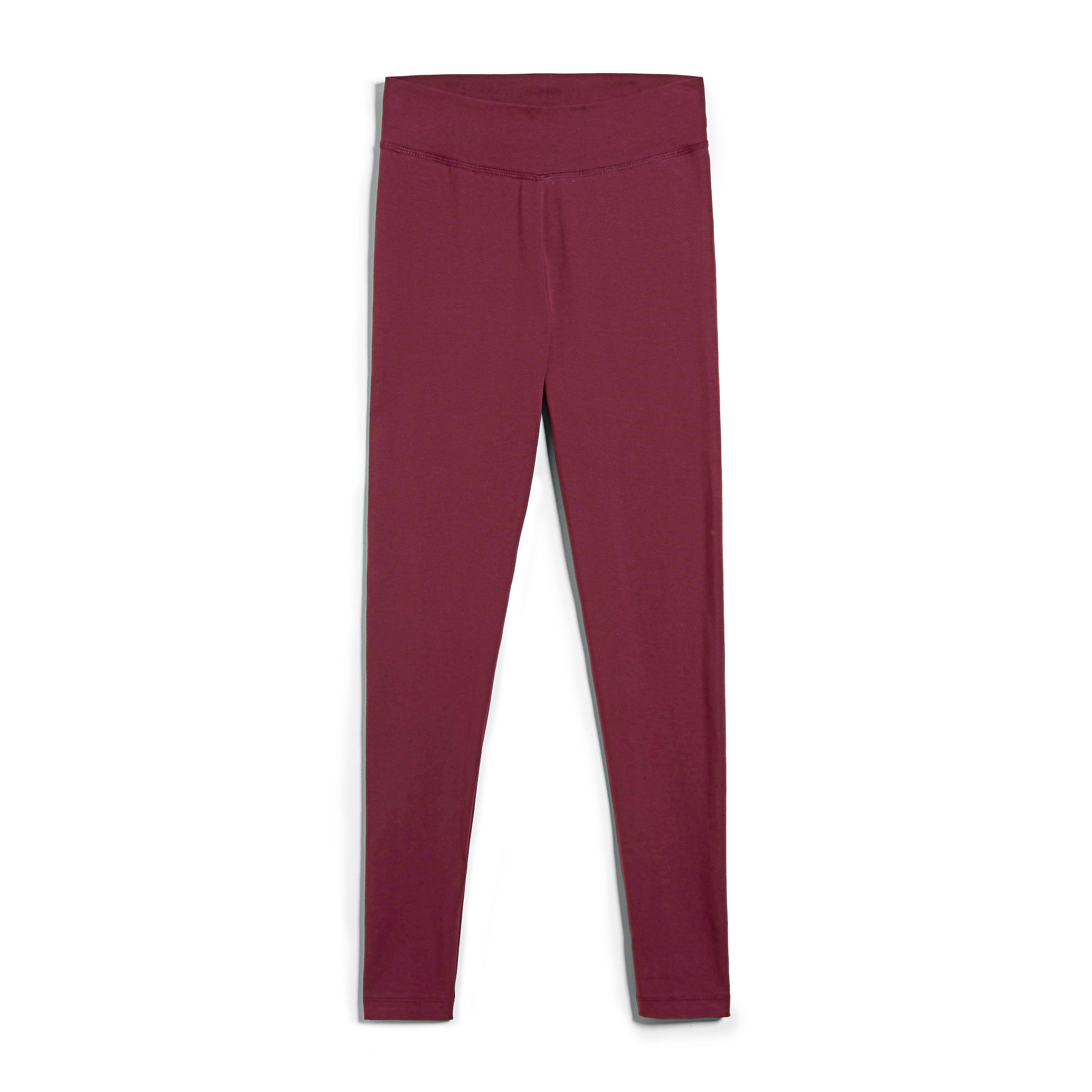 Bordeauxrote Leggings auf weißem Hintergrund.