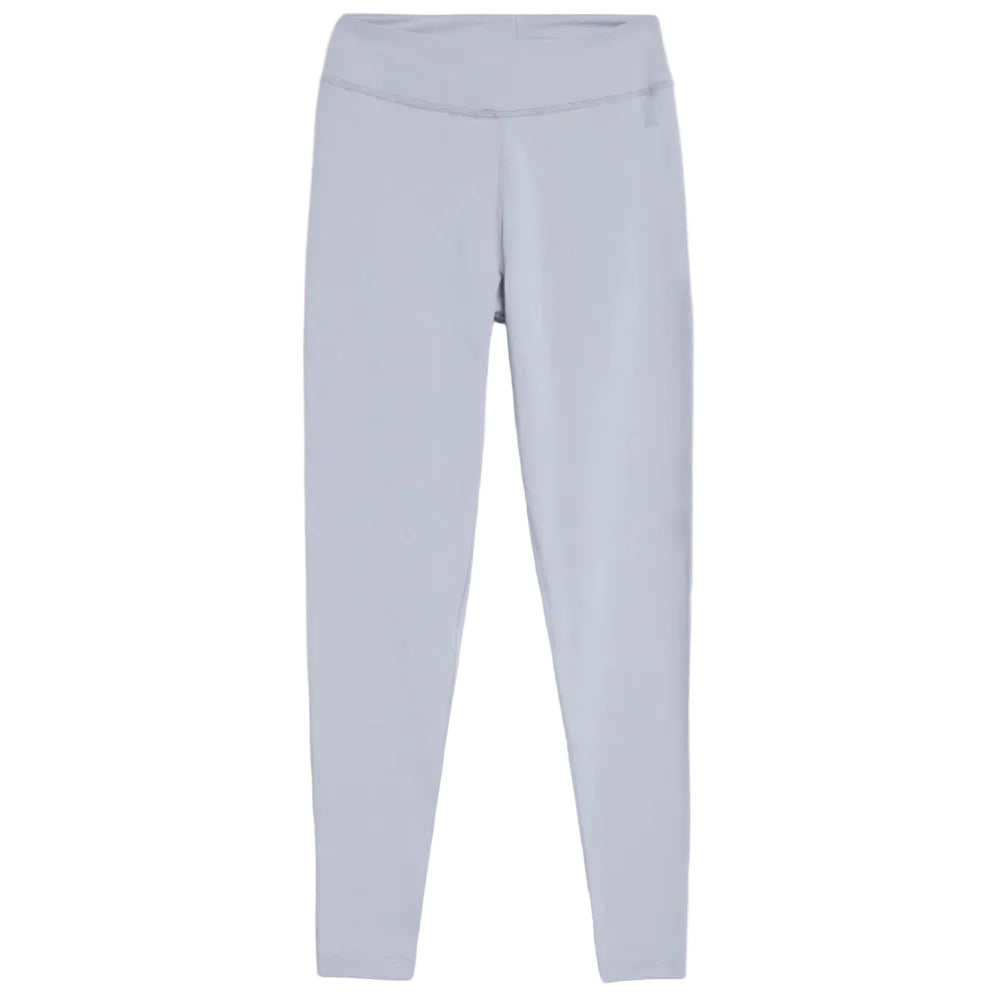 Hellgraue, bodenlange Leggings auf weißem Grund, mit hohem Bund und minimalen sichtbaren Nähten.