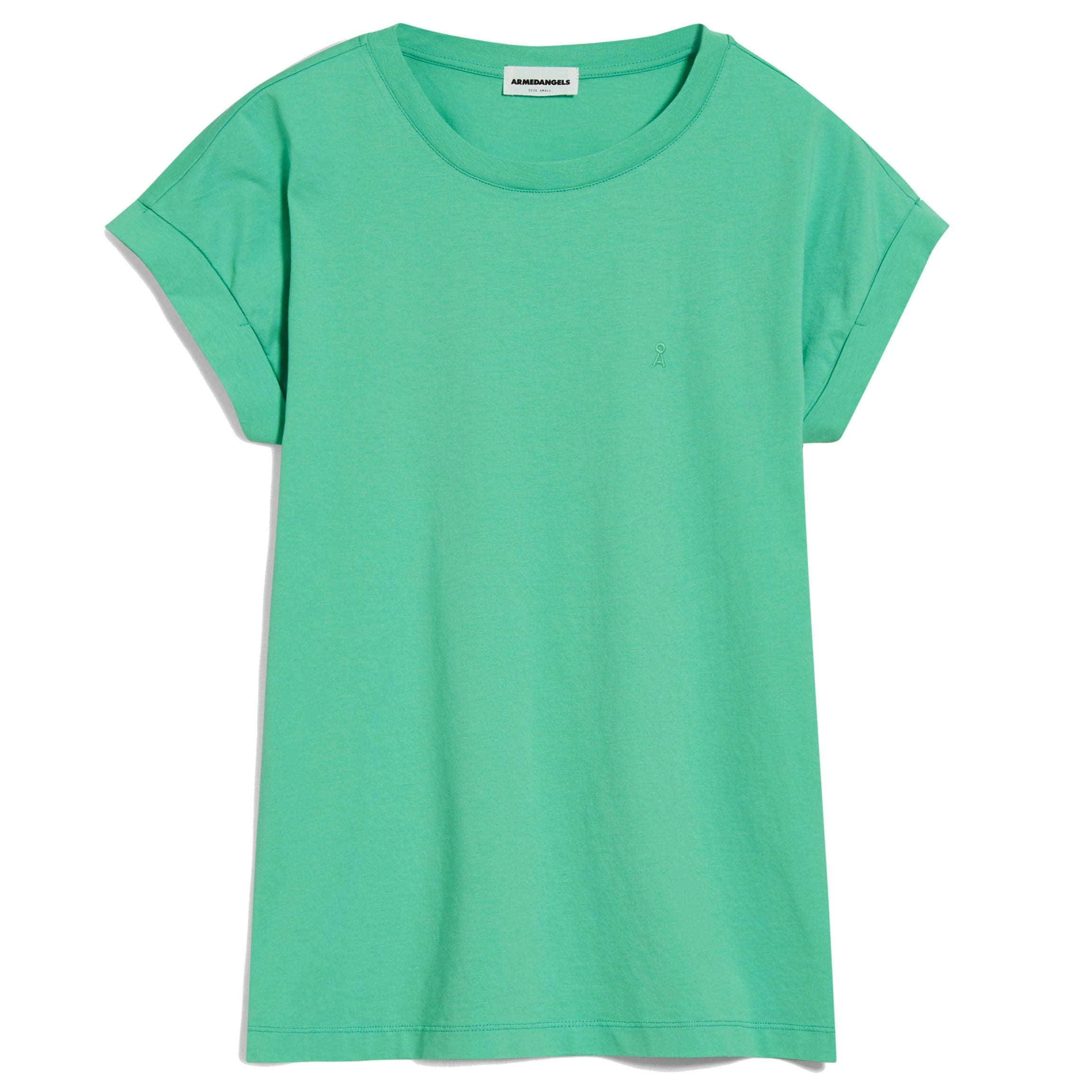 Grünes T-Shirt mit kurzen Ärmeln und rundem Halsausschnitt auf weißem Hintergrund.