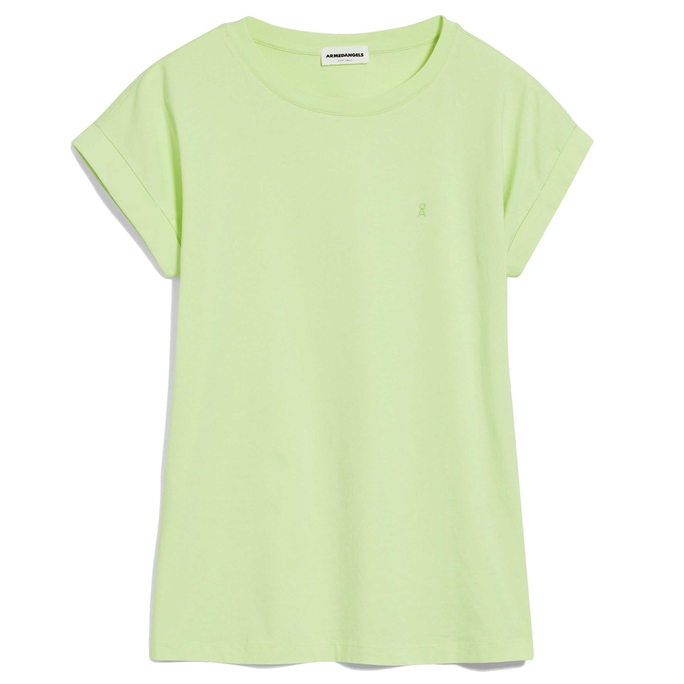 Hellgrünes T-Shirt mit kurzen Ärmeln und rundem Halsausschnitt auf weißem Hintergrund.