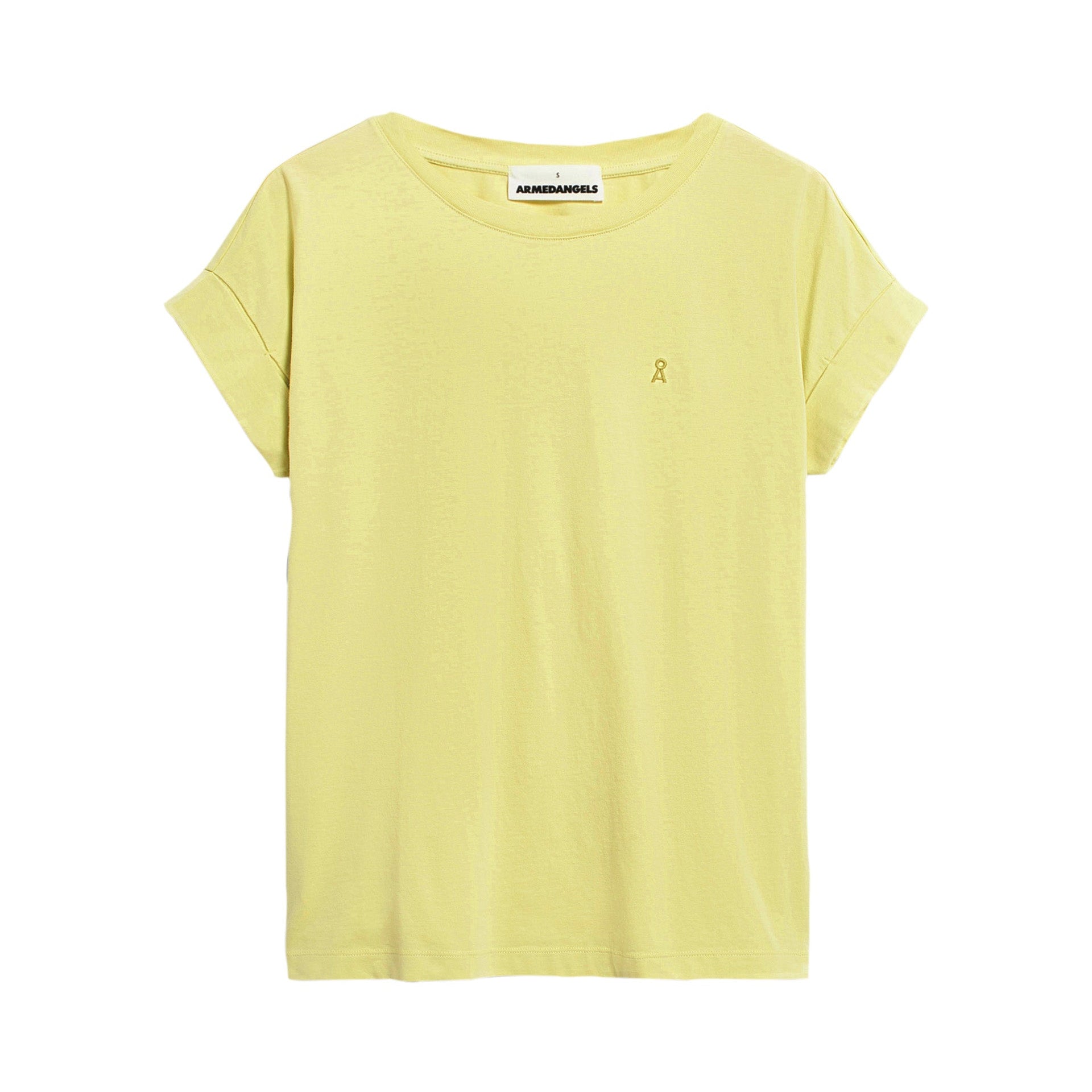 Gelbes T-Shirt mit kurzen Ärmeln und einem kleinen gestickten Logo auf der Brust.