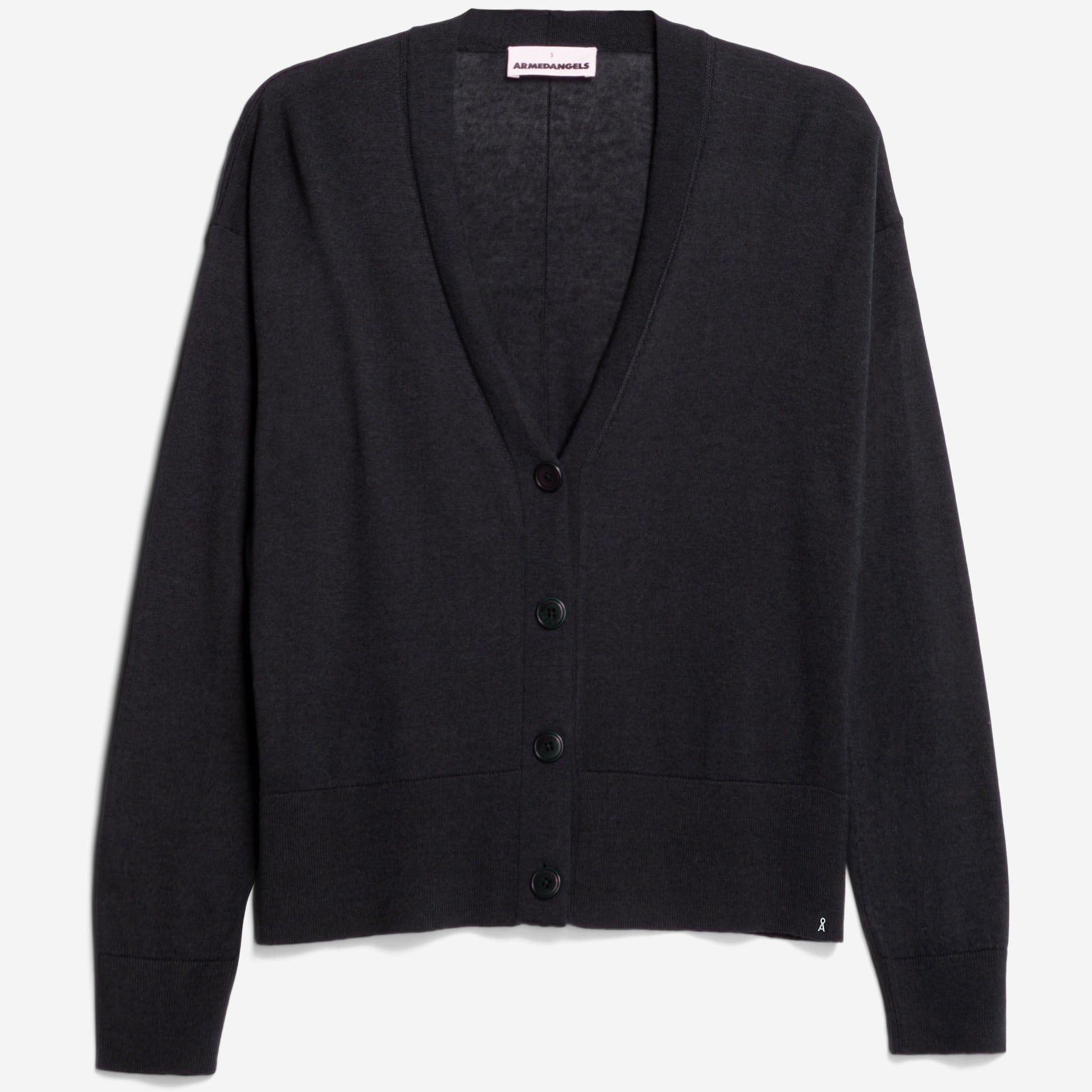 Schwarze Strickjacke mit V-Ausschnitt und Knopfleiste, aus einem weichen Stoff gefertigt.